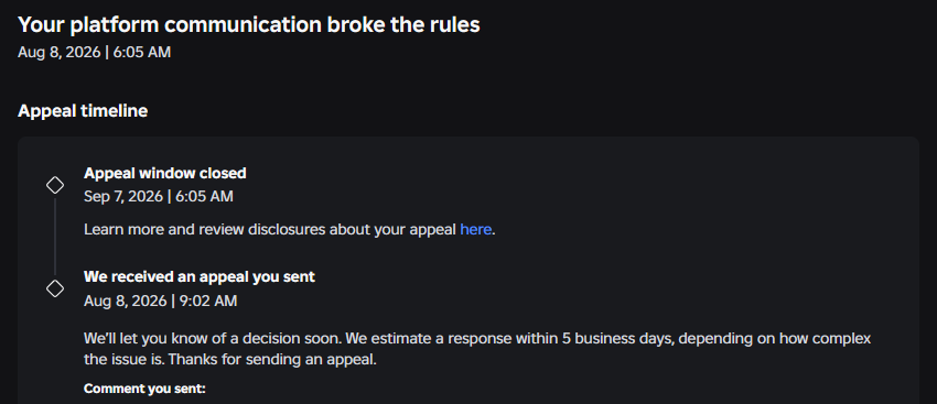 luvrlayy's tweet photo. day 36 of my false perma ban @Roblox 

sent another appeal, and they advised me to use the verified email of my account (lavlayy) to discuss the moderation, but they completely ignored all the previous appeals from that email. 
#roblox #robloxban https://t.co/bU7DBSbzaT