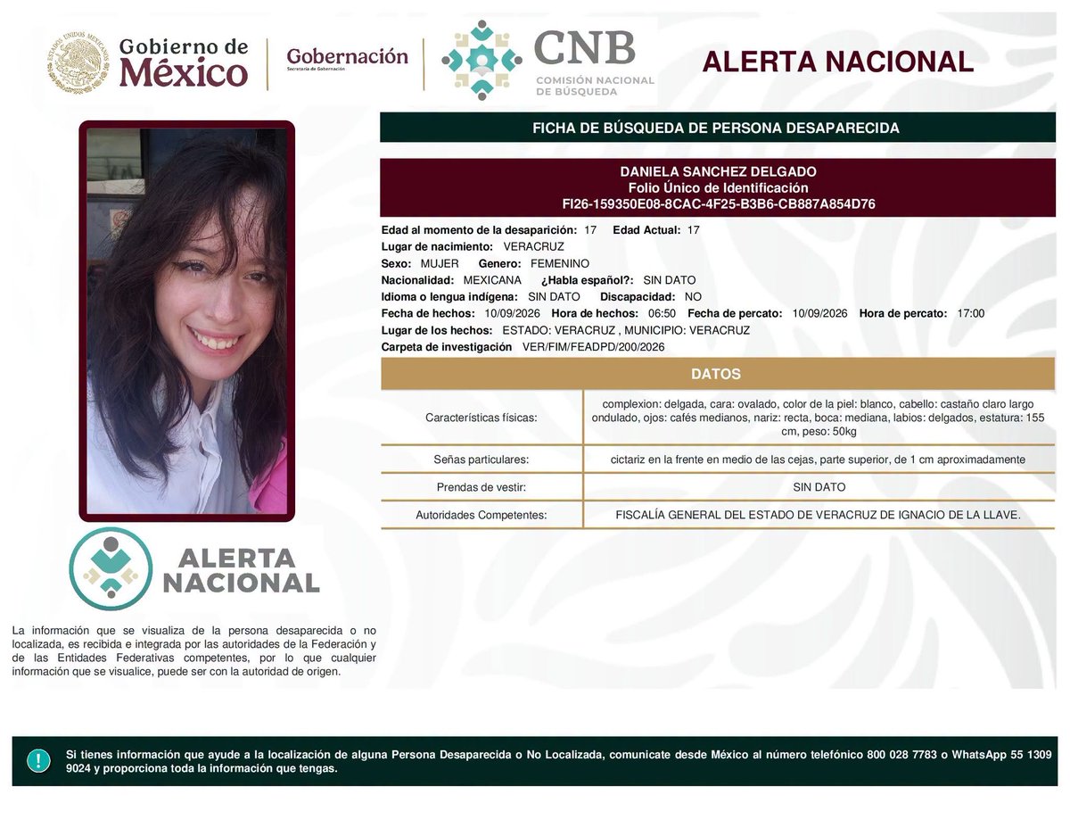 azucenau's tweet photo. 🚨La Universidad Veracruzana pidió a las autoridades activar todos los protocolos necesarios para localizar a Daniela Sánchez Delgado, estudiante de la Licenciatura en Administración Turística en la región Veracruz.

La institución hizo un llamado para dar con el paradero de la joven y reiteró que la comunidad estudiantil “merece vivir en entornos seguros”.