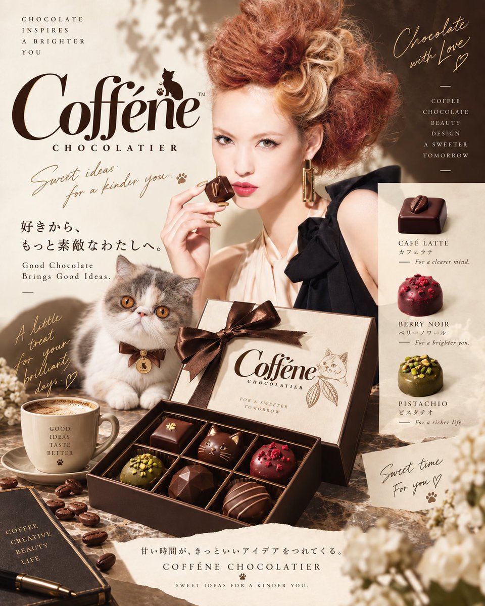 coffeetime2022's tweet photo. 自分がチョコレートブランドになったら
何味だと思う？🍫
明治ミルクチョコレート100周年の投稿を見てたら
私もチョコ企画や���たくなりました😂
ということで今日のプロンプト配布は
「あなた専用チョコレートブランド」
写真やXプロフィールを入れると
ブランド名・ロゴ・パッケージ・フレーバー・キャッチコピーまでAIが考えて
自分がアンバサダーになった海外ショコラブランド風の広告を作ってくれます🍫✨
私の、普通に売ってそうじゃない？😂
プロンプトはリプ欄に置きます👇
作ったらぜひ画像見せてー！
みんなが何味になるのか見たい🤣🍫