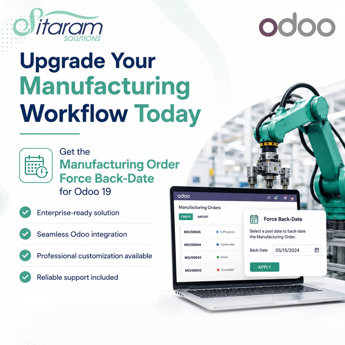 SitaramSolution's tweet photo. Production happened earlier but was entered later? Back-date the MO in Odoo so stock moves, valuation and accounting follow the actual date
https://t.co/vDFUI3wbNl
#SitaramSolutions #Odoo #ERP #OdooPartner #OdooServices #MRP #OdooManufacturing #Manufacturing #ProductionManagement https://t.co/gK20DotcZH