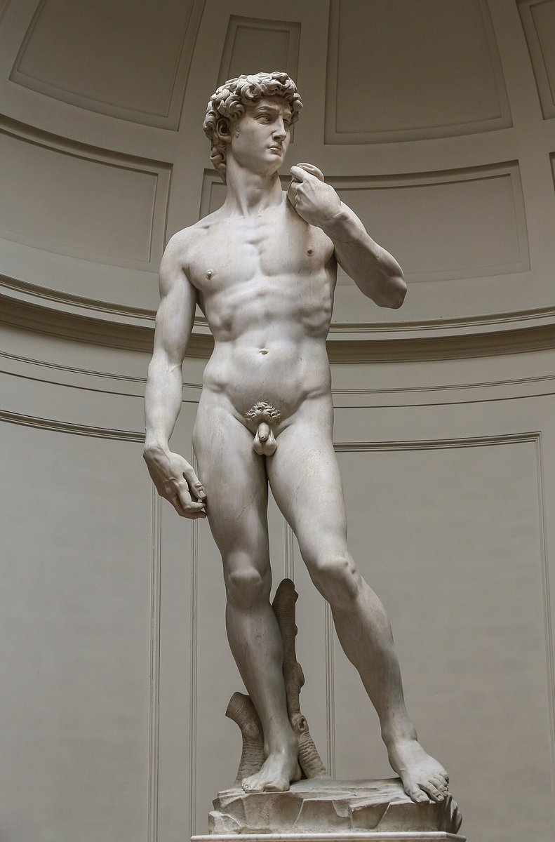 Realist_pilled's tweet photo. Both of these statues consumed three years of a human life.

One began as a ruined block of Carrara marble that two earlier sculptors had already abandoned as hopeless. A twenty-six-year-old from Florence built a wooden enclosure around it so no one could watch, then spent those years in near-solitude, sleeping in his clothes, eating little, striking the stone until a figure emerged that Giorgio Vasari declared superior to every statue, ancient or modern, Greek or Roman. David is caught in the second before he steps toward Goliath. The sling is still hidden. The brow is furrowed. The veins stand out on the hand that will soon send the stone. He is not celebrating victory; he is gathering himself for a fight he has no right to win. He is the human form rendered so exactly that five centuries later the marble still seems warm. He was made for a cathedral and later placed before the palace of a republic that understood beauty as a public duty and proportion as a kind of moral grammar. Michelangelo said the figure was already inside the stone; he only had to set it free.

The other was conceived on a screen, printed as a small model, then enlarged, cast in bronze, and coated in a pigment ground from lapis lazuli. It shows a nameless young woman in a tight blue dress and platform heels, jewellery catching the light, one leg thrown forward as if she is late for something. The artist is careful to tell us she is not a heroine, not a saint, not even a specific person. She is “everywoman.” She is the passer-by. She is the present tense walking into a future that apparently asks nothing more of us than recognition.

Stand them next to each other and the distance between 1504 and 2026 becomes visible in a single glance.

We once set our highest plinths with images of men who had looked a giant in the eye and of gods who had looked back. We carved bodies that remembered they were made in an image greater than their own. The squares of our cities were arguments for the possibility of the soul. Now the same squares are asked to celebrate the unexceptional self, dressed for the evening, striding past Nelson’s Column on her way to whatever comes next. The National Gallery stands directly behind the new figure, its rooms still filled with the very tradition this statue quietly declines to continue.

A civilisation reveals what it worships by what it chooses to raise above the heads of its citizens. When the gaze that once travelled upward - toward the divine, toward the heroic, toward an ideal of the human form so precise it still silences rooms - is redirected sideways toward the crowd and called “representation,” something more than taste has changed. The ordinary and the unlovely are never merely decorative. They instruct. They tell the young there is no longer anything higher to become, only something more visible to be.

Michelangelo found David already living inside the marble. We have forgotten how to look.