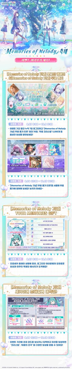 kr_pjsekai's tweet photo. ✨[Memories of Melody 기념] 이벤트 정보 미리보기 제1탄✨

Memories of Melody 축제를 기념하여 다양한 이벤트를 준비했으니 많은 기대 부탁드립니다.
지금까지 함께해 주신 주민 여러분께 진심으로 감사드리며, 앞으로도 새로운 여정을 함께 걸어가겠습니다.

♪ [Memories of Melody 기념] 악곡 추가 캠페인
♪ [Memories of Melody 기념] 스페셜 로그인 스토리
♪ [이제 곧 Memories of Melody 축제!] 카운트다운 로그인 캠페인
♪ [Memories of Melody 기념] 로그인 캠페인
♪ [Memories of Melody] 무료 뽑기
♪ [Memories of Melody 기념] YOUR MEMORIES GIFT
♪ [Memories of Melody] 세카이에 초대할게 대작전!!
♪ [Memories of Melody 기념] 스탬프 미션
♪ [Memories of Melody 기념] 스페셜 라이브
♪ Memories of Melody 기념 Special Message
♪ 세카이 투어 응원제!

☕자세한 내용은 공식 카페(https://t.co/pV6GMW73lm)에서 확인해 주세요~