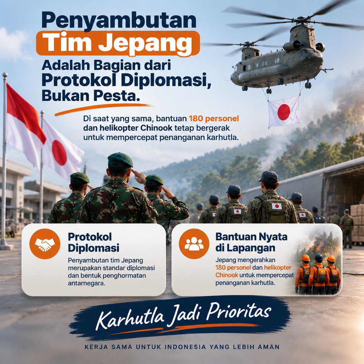 dkdilip's tweet photo. Penyambutan tim Jepang adalah bagian dari protokol diplomasi, bukan pesta. Di saat yang sama, bantuan 180 personel dan helikopter Chinook tetap bergerak untuk mempercepat penanganan karhutla. 

#KarhutlaJadiPrioritas https://t.co/ajt0CH9QQO