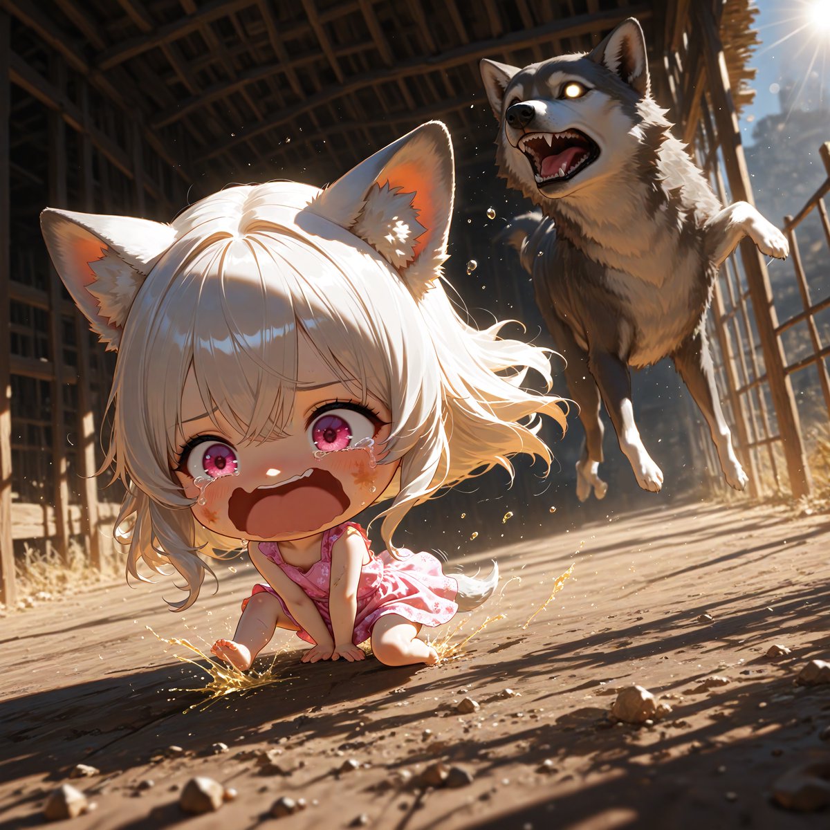 Nutsawolf's tweet photo. モップ：
「うわぁぁぁぁぁぁ‼️
来ないで‼️😱」

旦那様：
『わはははは‼️笑わせるな‼️
まさか四本の“脚”で走るとは‼️
まるで畜生じゃないか‼️』

sfw  illustration,  no nudity https://t.co/fQdMKDNlSz