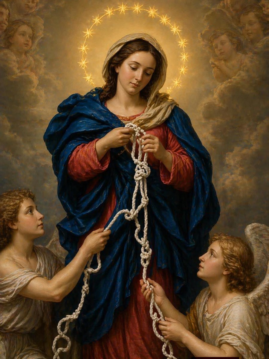 chiamaka___o's tweet photo. Our Lady Undoer of Knots, I bring you the knots I have carried for too long—the worries, the unanswered questions, the broken relationships, the fears, and the situations I no longer know how to fix.

Take them gently into your hands. Through your intercession, ask Jesus to bring wisdom where I am confused, peace where I am anxious, healing where I am hurting, and a way forward where I can see none.

Teach me to trust God even while the knots are still being undone.

Mary, Undoer of Knots, pray for us.