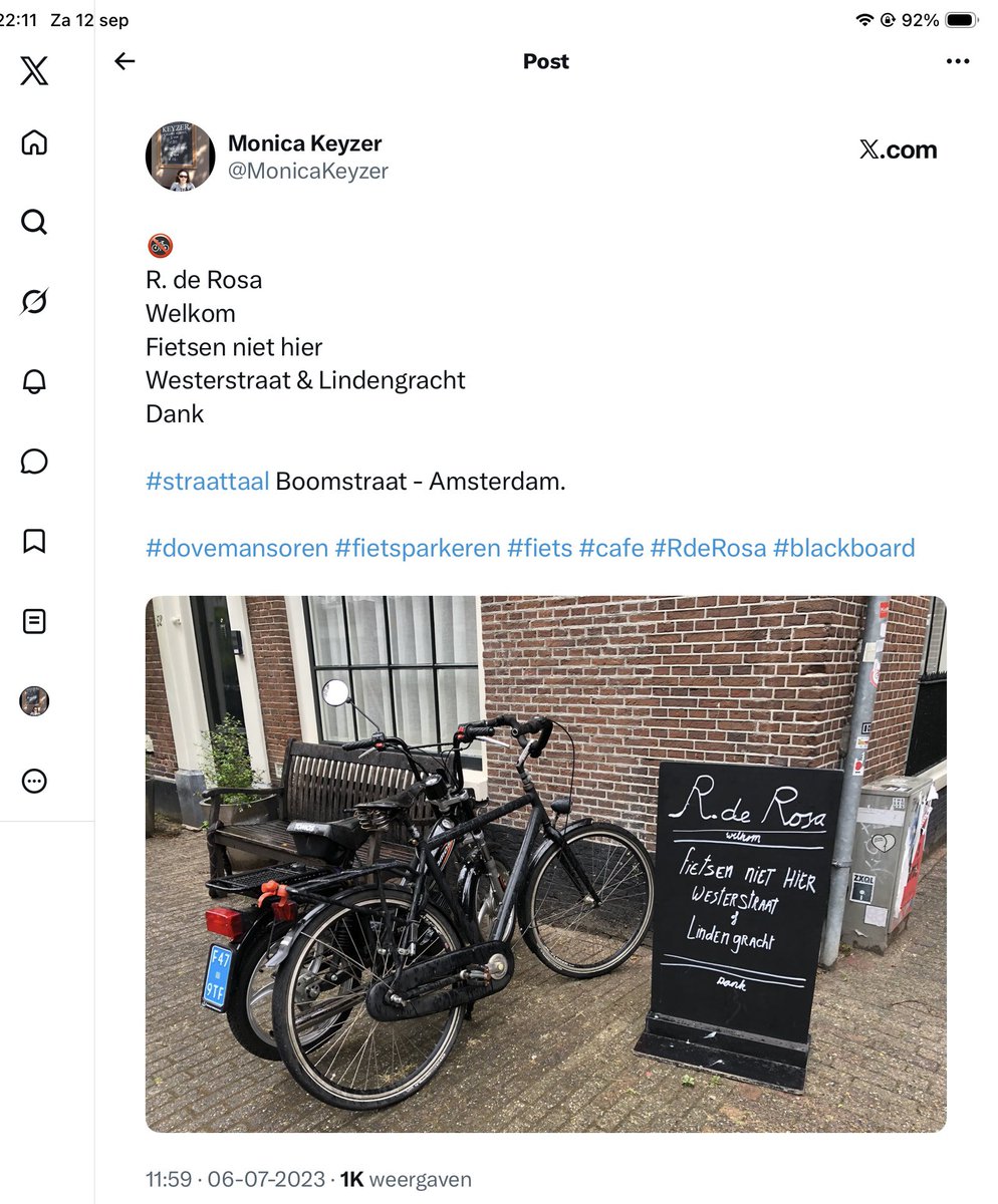 MonicaKeyzer's tweet photo. 🚲🚲🚲

Fietsen wildparkeren op de stoep, ik kan er niet door. 

#TypischAmsterdam Eerste Boomdwarsstraat - Amsterdam.

#cafe #RdeRosa #EenBordIsNietGenoeg #asociaal #fietsparkeren #stoepstalling #debuurvrouw https://t.co/Cr6MwsMKwf
