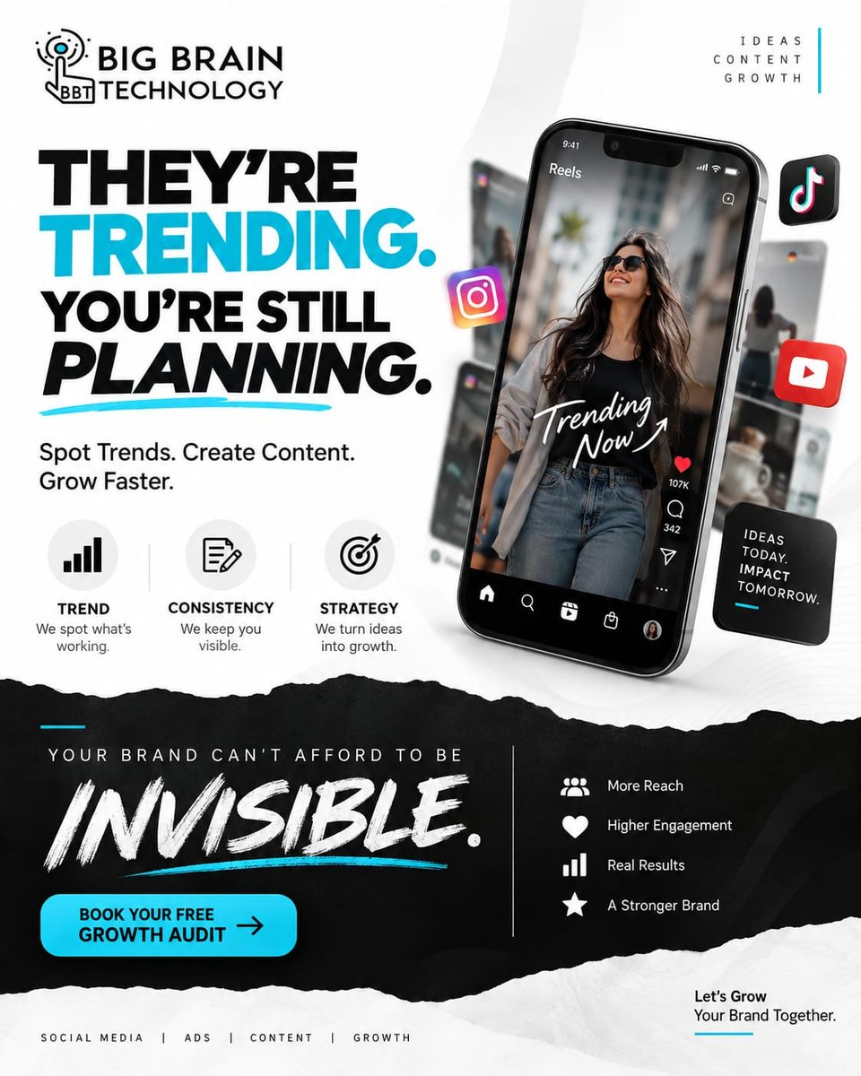 BigBrainTechno1's tweet photo. They’re trending. Is your brand still planning? 👀🚀

Spot trends. Create content. Stay consistent. Grow faster.

Don’t let your brand become invisible. Let’s turn attention into real results. 💙
.
.
.

#SocialMediaMarketing #ContentCreation #BrandGrowth #BigBrainTechnology https://t.co/6SFX0EyhDT