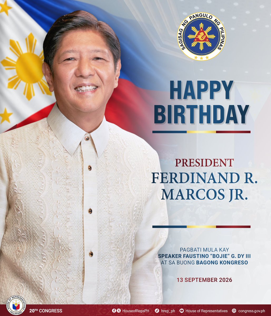 HouseofRepsPH's tweet photo. Happy Birthday, President Ferdinand R. Marcos Jr.!
Wishing you good health, strength, and continued success as we work together in the service of the Filipino people.
Mabuhay po kayo, Mr. President!
#20thCongress
#HouseOfRepsPH
#BagongKongreso https://t.co/s62VzUGnu3
