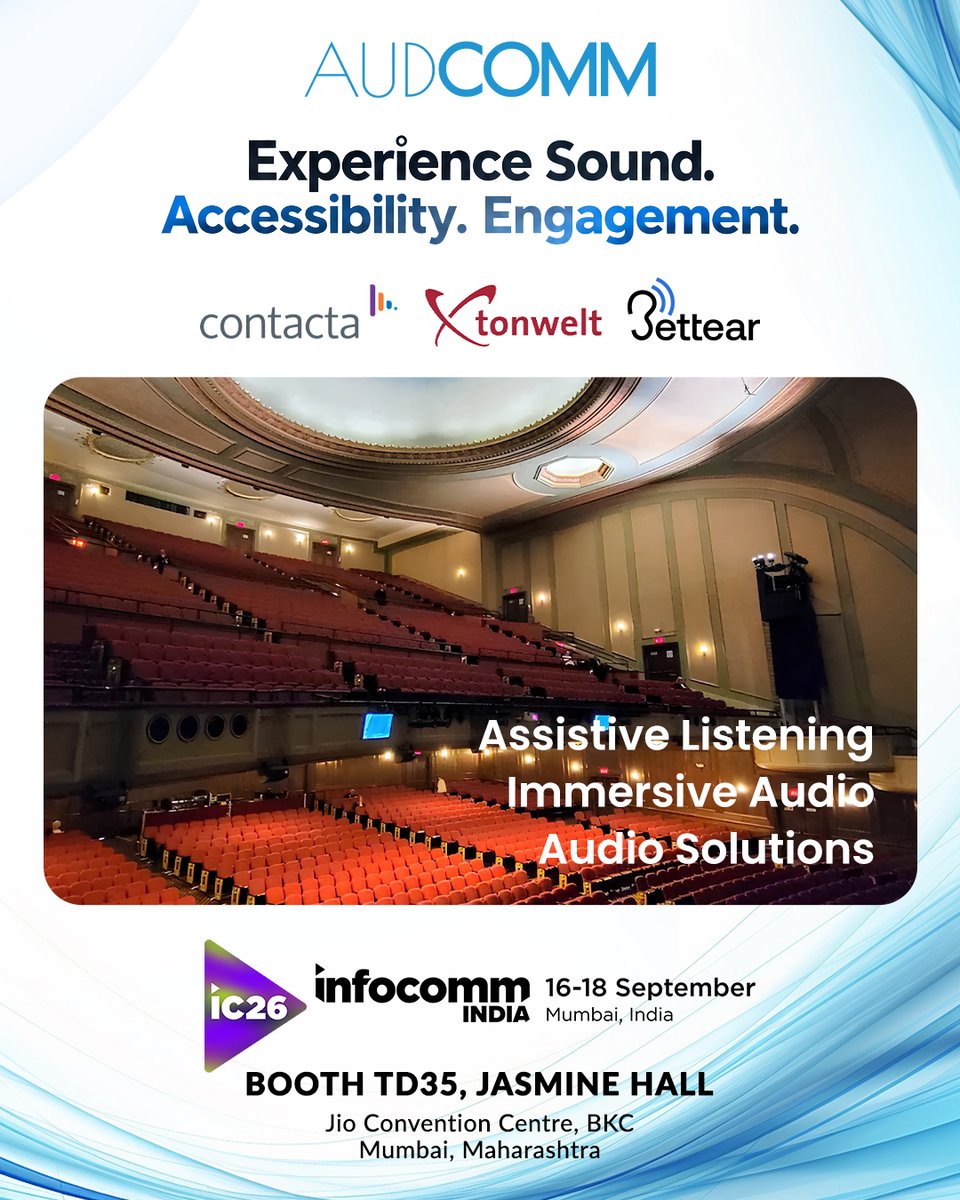 audcomm's tweet photo. Experience Sound. Accessibility. Engagement.
Assistive Listening • Immersive Audio • Audio Solutions
Visit Us at InfoComm India
16–18 September, Mumbai, India

Visit: https://t.co/NrolmVPkCG

#audcomm #infocommindia2026 #audiotechnology  #contacta #tonwelt #bettear https://t.co/Ct8uscmBNc