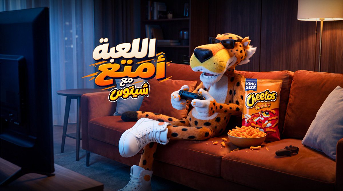 Refaa_ba's tweet photo. اشتغلت على حملة إعلانية تجريبية لـ Cheetos وكان هدفي إني ما أطلع بمجرد صور منتج لكن أبني عالم كامل تكون فيه شخصية شيتوس جزء من اللحظة نفسها

من السينما، للالعاب ، للمطبخ ، كل مشهد له قصته لكن كلها مرتبطة بنفس الـArt Direction والهوية البصرية

الفكرة كانت بسيطة:
مهما اختلفت اللحظة شيتوس يخليها أمتع