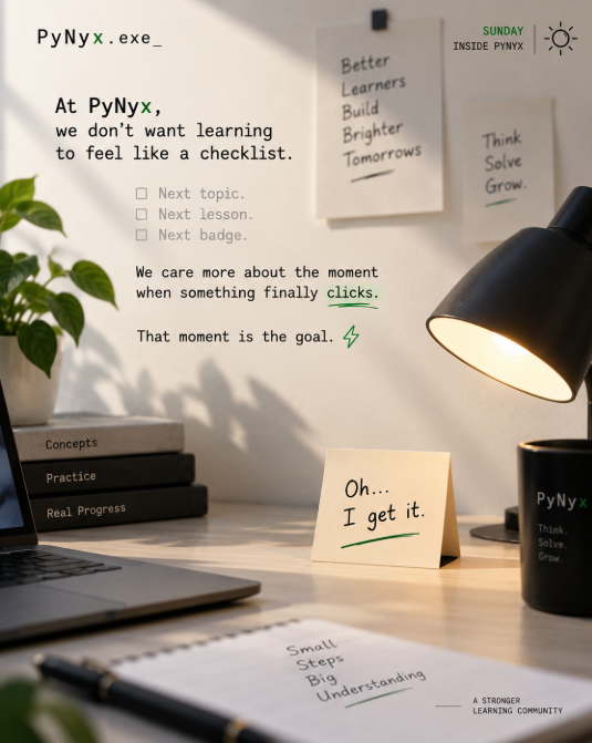 PyNyx_Official's tweet photo. At PyNyx, we don’t want learning to feel like a checklist.

Next topic. Next lesson. Next badge.

We care more about the moment when something finally clicks.

That moment is the goal. ⚡
#pynyx #fypシ゚viral #virałpost #Educación 
https://t.co/O68jTQ8fVI https://t.co/3ytxCHtepR