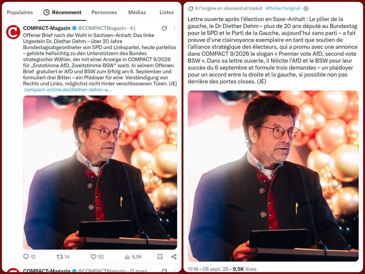 HannahStasi's tweet photo. @derspiegel @conspiration 6/ Et, si on ne connaît pas précisément qui sont les individus derrière l'annonce de "l'Alliance des électeurs stratégiques", en revanche, #Compact a fourni le nom d'un de ses soutiens : Diether #Dehm, qui fait le lien entre la revue et le #BSW. 👇
https://t.co/u7zvJfySNJ https://t.co/drMwAX88U7