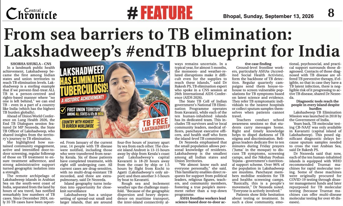 bobbyramakant's tweet photo. Lakshadweep proves that if we 👉prevent-find-treat ALL TB👈 in a 👉person-centred &amp; rights-based manner👈 we can #endTB

Insights: Lakshadweep's STO Dr Nezeeda &amp; @DrRakeshPS1

🔶Central Chronicle
https://t.co/13Gm8qEJTg

🔶CNS
https://t.co/43gdJvondk

#TBMuktBharat @TbDivision https://t.co/qMzOO8IdaX