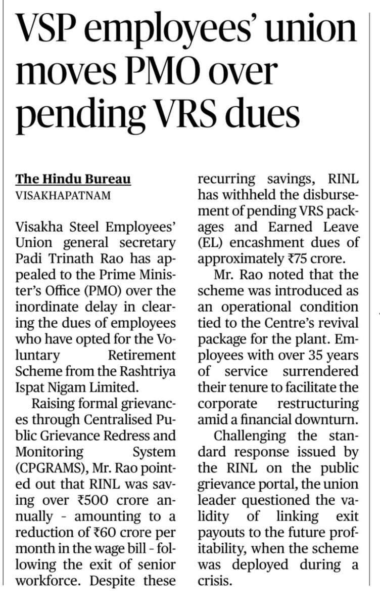 PadhiRao's tweet photo. @hd_kumaraswamy @narendramodi Request kind intervention of PMO&amp;MOS to settle the legitimate dues to VRS taken employees of RINL, Though they were released on VRS one year back their legitimate dues not yet settled. Request concerned to release dues along with interest immediately. https://t.co/YsWAnXaQDk