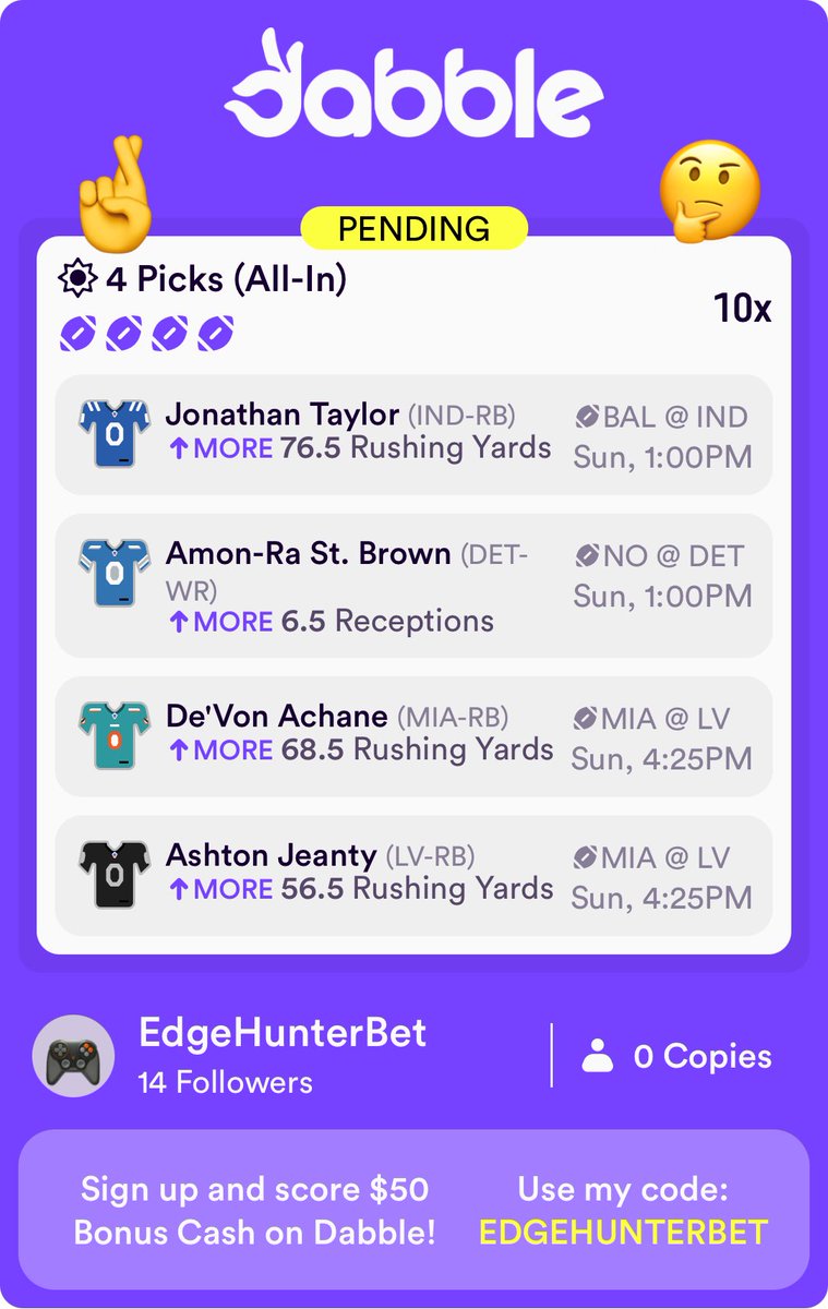 EdgeHunterBet's tweet photo. NFL 10x on @DabbleFantasy use my code EDGEHUNTERBET to Sign up and Play $5 and get $50 free!! #NFL #Parlay https://t.co/iwH9RDxl1B