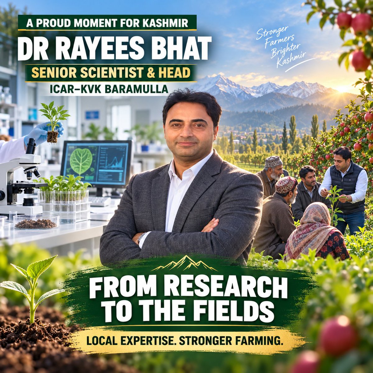 PeaceLover0204's tweet photo. A proud moment for Kashmir! Dr. Rayees Bhat, Senior Scientist &amp; Head of ICAR-KVK Baramulla, is taking research from labs to the fields and building stronger farmers for a brighter Kashmir.
#DrRayeesBhat #ICARKVK #Baramulla #StrongerFarmers #KashmirAgriculture #BRICS #Kashmir https://t.co/nxYzTvoohf