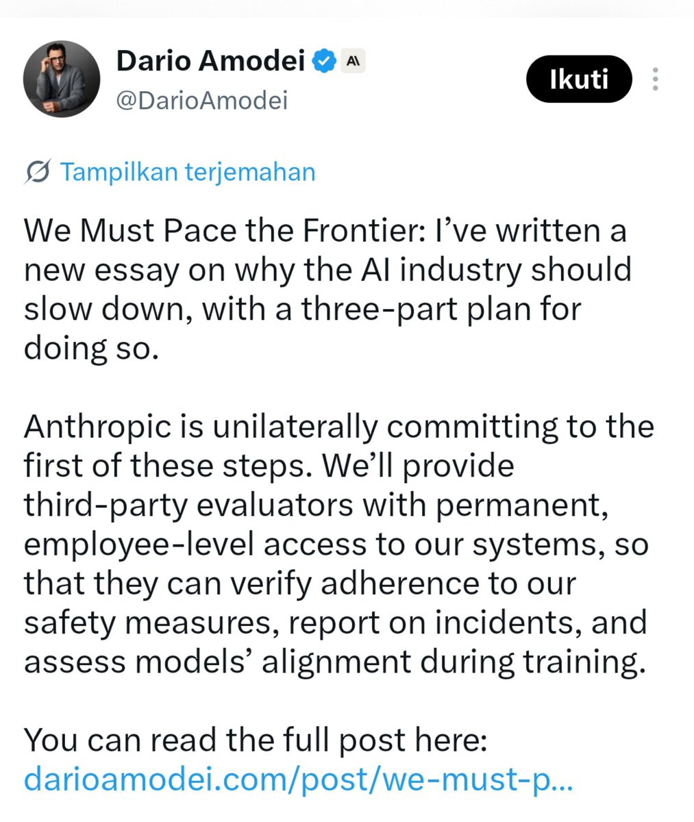 SWAPTofficial21's tweet photo. What makes this eerie isn’t one CEO panicking. It’s three competing labs flinching at the exact same time.

Dario’s point is simple: models are starting to build the next models. Once that loop closes, speed stops being about hiring more talent. The system starts improving itself.

Safety work doesn't scale like that. Humans still have to read logs, set boundaries, and debate what counts as dangerous. Oversight is slow; capabilities are not.

That’s why Elon and Altman jumped in. It isn't sudden humility—it’s pure game theory. If one lab slams the brakes alone, they forfeit the race. "Slowing down" only works if every lab lets outside auditors step inside the building.

And that’s the actual news.
Talking about safety costs nothing. 

Giving a third party employee-level access is an explicit admission: they can no longer be trusted to grade their own homework.

Capabilities are compounding exponentially. Oversight is still just a meeting.
#ai #openai #claude #anthropics