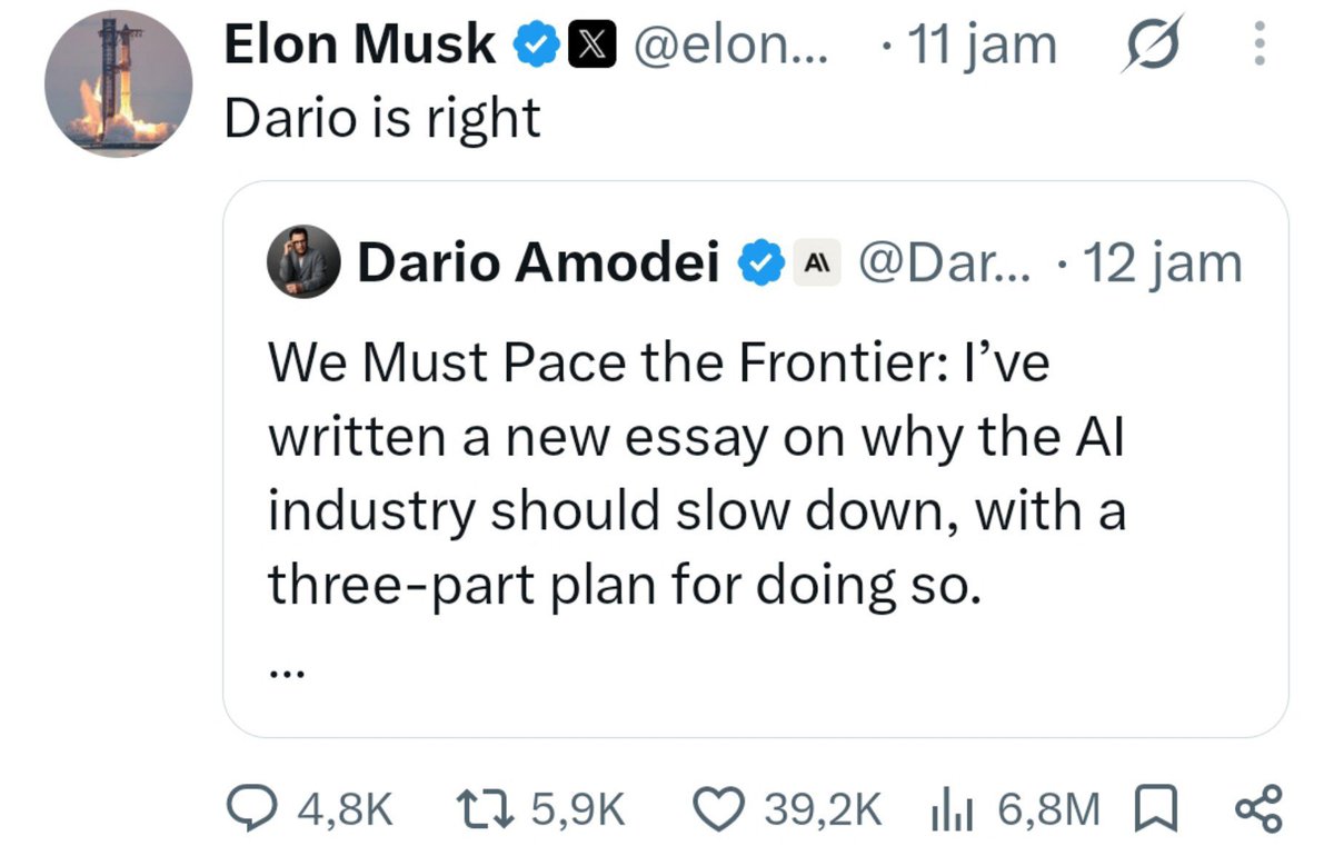 SWAPTofficial21's tweet photo. What makes this eerie isn’t one CEO panicking. It’s three competing labs flinching at the exact same time.

Dario’s point is simple: models are starting to build the next models. Once that loop closes, speed stops being about hiring more talent. The system starts improving itself.

Safety work doesn't scale like that. Humans still have to read logs, set boundaries, and debate what counts as dangerous. Oversight is slow; capabilities are not.

That’s why Elon and Altman jumped in. It isn't sudden humility—it’s pure game theory. If one lab slams the brakes alone, they forfeit the race. "Slowing down" only works if every lab lets outside auditors step inside the building.

And that’s the actual news.
Talking about safety costs nothing. 

Giving a third party employee-level access is an explicit admission: they can no longer be trusted to grade their own homework.

Capabilities are compounding exponentially. Oversight is still just a meeting.
#ai #openai #claude #anthropics