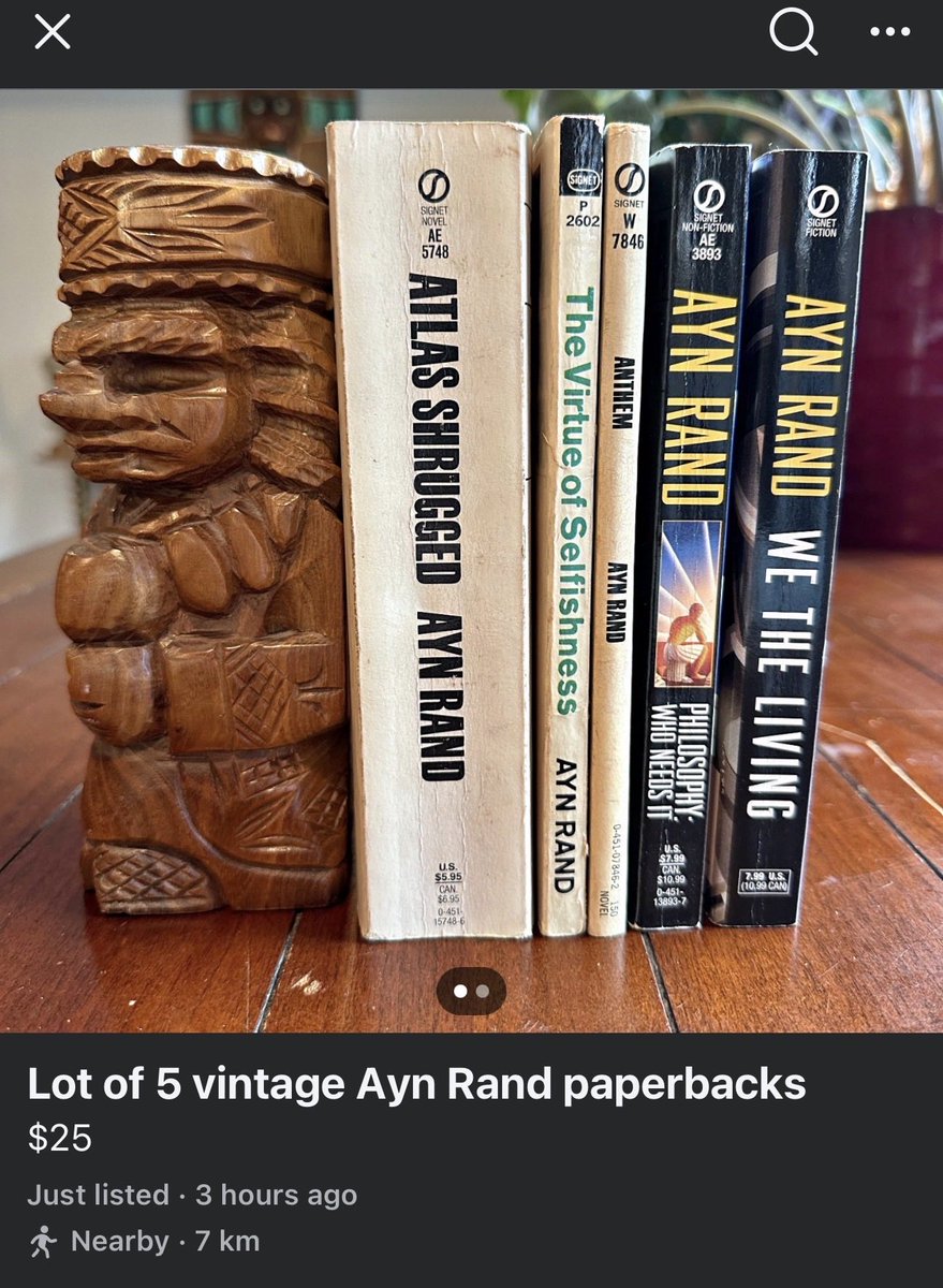 GoldandYouth's tweet photo. The invisible hand has gently placed my neighbour’s Ayn Rand collection in the “must go” pile. https://t.co/Ih4z6hopkc