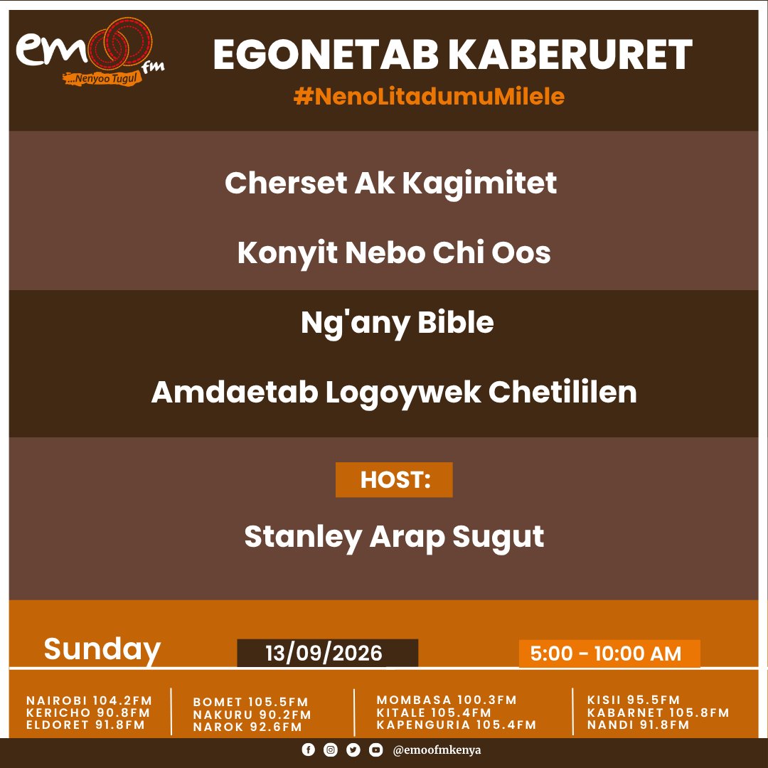 StanleySugut's tweet photo. #EGONETABKABERURET inspirational &amp; motivational Gospel Show at @emoofmkenya hosted by @StanleySugut 5am -10am. Verse of the day is Psalms 103:8-9 NKJVThe Lord is merciful and gracious,Slow to anger, and abounding in mercy.
#EgonetabKaberuret #NenoLitadumuMilele https://t.co/am9Tu8Ew1c