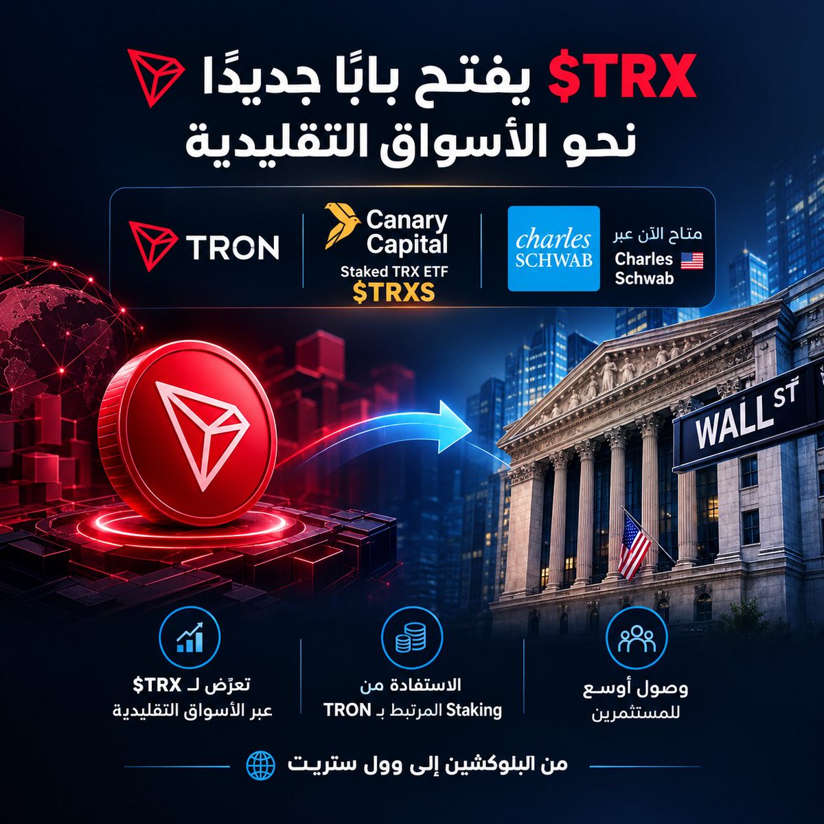 G8TQ6's tweet photo. 🚀 $TRX يفتح بابًا جديدًا نحو الأسواق التقليدية

إتاحة Canary Staked TRX ETF — $TRXS عبر @CharlesSchwab ليست مجرد إضافة أصل رقمي إلى منصة تداول تقليدية.

إنها إشارة واضحة إلى أن الوصول إلى #TRX بدأ ينتقل من منصات الكريبتو المتخصصة إلى البنية المالية التي يعرفها ويستخدمها ملايين المستثمرين حول العالم.

وللمرة الأولى، يحصل المستثمر التقليدي على مسار أكثر سهولة للتعرض إلى حركة سعر TRX، مع إمكانية الاستفادة من مكافآت الـStaking التي تنعكس في صافي قيمة أصول الصندوق. 🚀

لكن الأهم من المنتج نفسه هو القصة التي يقف خلفه.

هذه ليست محاولة لبناء اهتمام مؤسسي حول توكن بلا استخدام.
#TRON تمتلك شبكة ضخمة، نشاطًا متواصلًا، وقاعدة استخدام حقيقية تتوسع يومًا بعد يوم، خصوصًا في المدفوعات والعملات المستقرة.

الأرقام تتحدث بوضوح:

📌 أكثر من 403 مليون حساب على شبكة TRON
📌 أكثر من 15.4 مليار معاملة تمت معالجتها
📌 منظومة تُستخدم فعليًا في تحويل القيمة والمدفوعات الرقمية على نطاق واسع

هذه الأرقام لا تمثل مجرد إحصاءات تسويقية؛ إنها دليل على وجود بنية تحتية تعمل، ومستخدمين حقيقيين، واقتصاد رقمي يتوسع خلف $TRX.

ومع إتاحة $TRXS عبر منصة مالية تقليدية مثل Charles Schwab، يبدأ جسر جديد بالظهور بين عالمين كانا منفصلين لفترة طويلة:

🌐 استخدام فعلي على البلوكشين
🏦 وصول مؤسسي أسهل عبر الأسواق التقليدية
⚡️ تعرض لحركة TRX مع ارتباط بمكافآت الـStaking
📈 فرصة لتحويل نمو الشبكة إلى قصة استثمارية أكثر وضوحًا

هنا تكمن أهمية الخطوة.

فالمؤسسات لا تبحث فقط عن أصل يمكن تداوله، بل عن شبكة تمتلك نشاطًا، وسيولة، وحالات استخدام، ومسار نمو يمكن قياسه. وكلما أصبح الوصول إلى TRX أكثر سهولة، زادت احتمالية انتقاله من كونه أصلًا معروفًا داخل مجتمع الكريبتو إلى مكوّن قابل للاكتشاف ضمن المحافظ الاستثمارية التقليدية.

قد تبدو إتاحة ETF خطوة منفصلة.
وقد تبدو أرقام الحسابات والمعاملات مجرد مؤشرات تقنية.
لكن عند جمعها معًا، تظهر صورة أكبر بكثير:

شبكة Web3 ذات استخدام حقيقي، تحصل على قناة وصول جديدة إلى رأس المال التقليدي، بينما يزداد الطلب العالمي على البنية التحتية للمدفوعات والعملات المستقرة.

وهذا هو التحول الحقيقي.

لم تعد قصة TRON تعتمد فقط على حركة سعر $TRX، بل على قدرة الشبكة على تحويل الاستخدام اليومي إلى قيمة اقتصادية، وتحويل النمو على السلسلة إلى اهتمام مؤسسي، وتحويل البنية التحتية المفتوحة إلى منتج يمكن للمستثمر التقليدي الوصول إليه بسهولة أكبر.

من 403 مليون حساب إلى 15.4 مليار معاملة، ومن نشاط فعلي على الشبكة إلى منتج متداول عبر منصة مالية عالمية… المسار أصبح أكثر وضوحًا من أي وقت مضى.

السؤال لم يعد فقط: إلى أين يمكن أن يصل $TRX؟

بل السؤال الأكبر هو:

ماذا يحدث عندما تصبح شبكة تُستخدم فعليًا، وتمنح مكافآت Staking، ومتاحة عبر قنوات مالية تقليدية، جزءًا من المشهد الاستثماري العالمي؟

#TGF #TRON
#TRONGlobalFriends