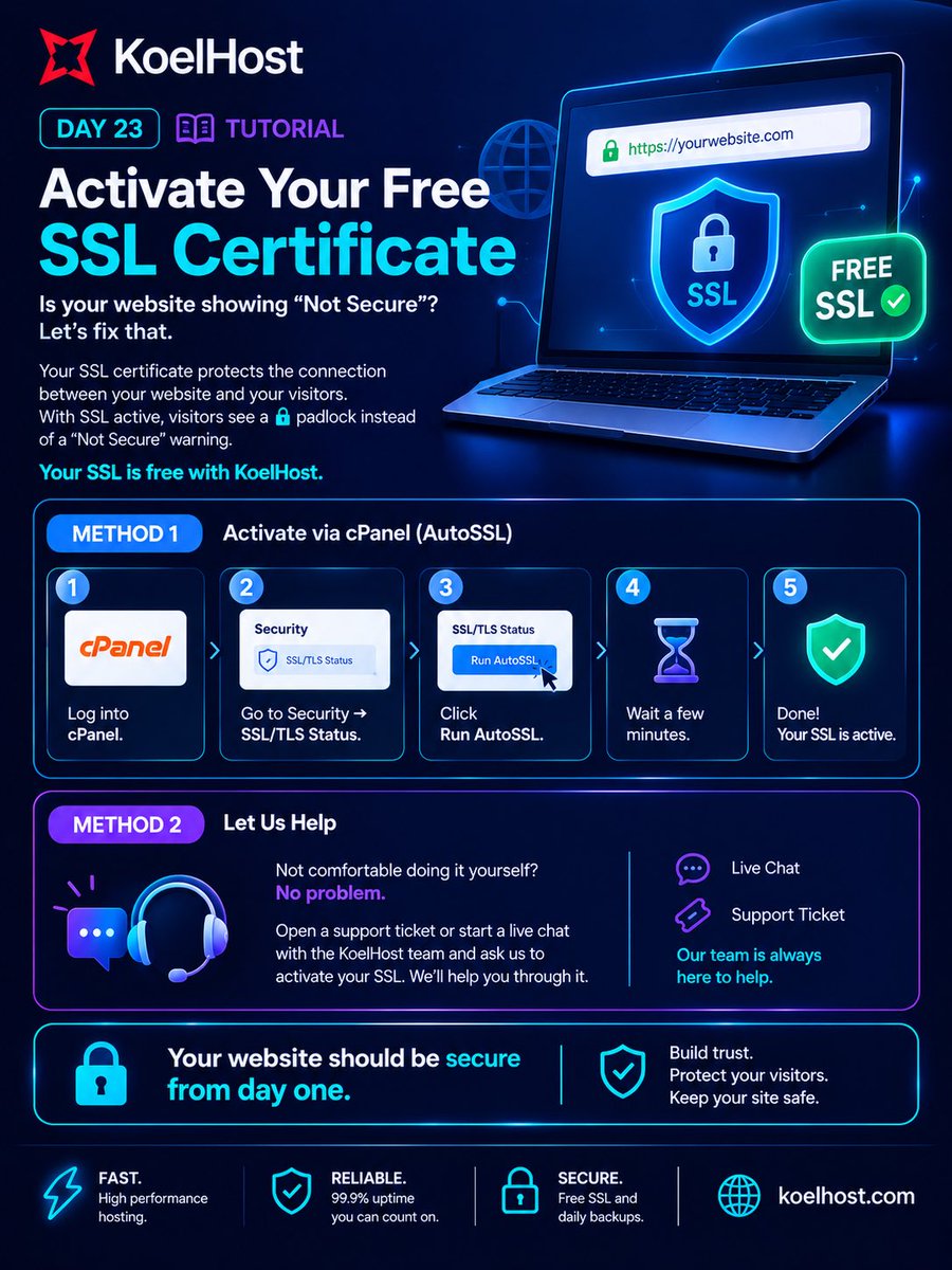 Koelhost's tweet photo. π Activate your free SSL on KoelHost:
cPanel β Security β SSL/TLS Status β Run AutoSSL β
Or simply contact our support team via live chat and weβll help you get it sorted.
A secure website starts with SSL.
π https://t.co/yCVNdkkPUy
#KoelHost #SSL #WebSecurity https://t.co/UcSRrMS9dM