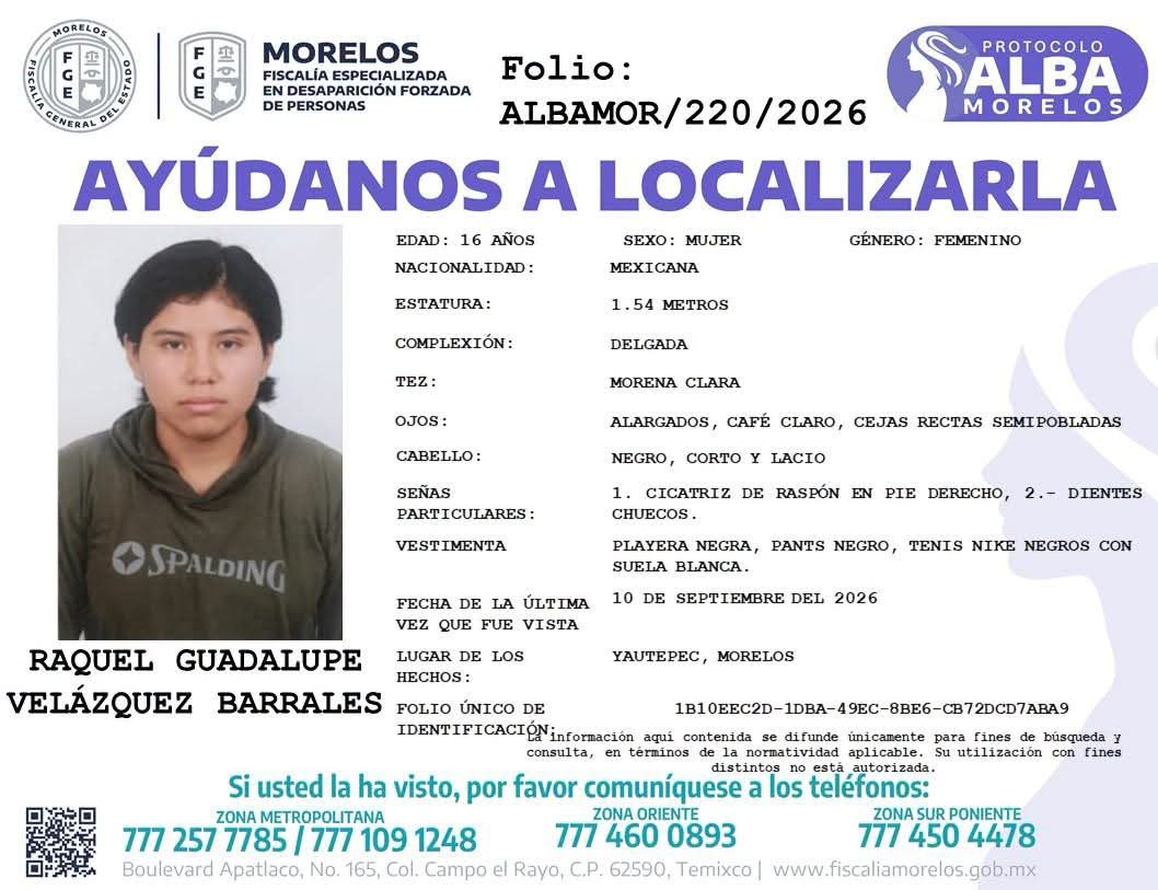 OMGNotiMorelos's tweet photo. 🚨🔎#URGENTE La @Fiscalia_Mor activó el #ProtocoloAlba para localizar a Raquel Guadalupe Velázquez Barrales (16 años), vista por última vez el 10 de septiembre en #Yautepec, #Morelos. Vestía playera y pants negros, y tenis Nike negros con suela blanca. Reporte al 911. 🚨 #Notic https://t.co/8NoXQim7kz
