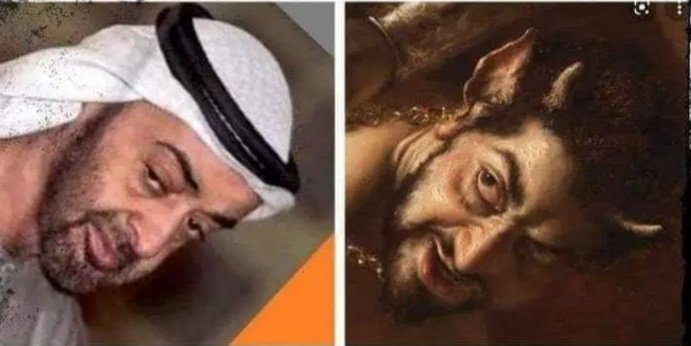 excocet17's tweet photo. 👀 
Cette œuvre du peintre italien Bruno Amadio surnommé Giovanni Bragolin, mort en 1981, est un mystère. Elle représente le diable vaincu par Saint Michel. 
Mais la ressemblance du diable avec le prince Mohamed Ben Zayed, président  des Emirats est frappante. https://t.co/u7dHWO2e8P
