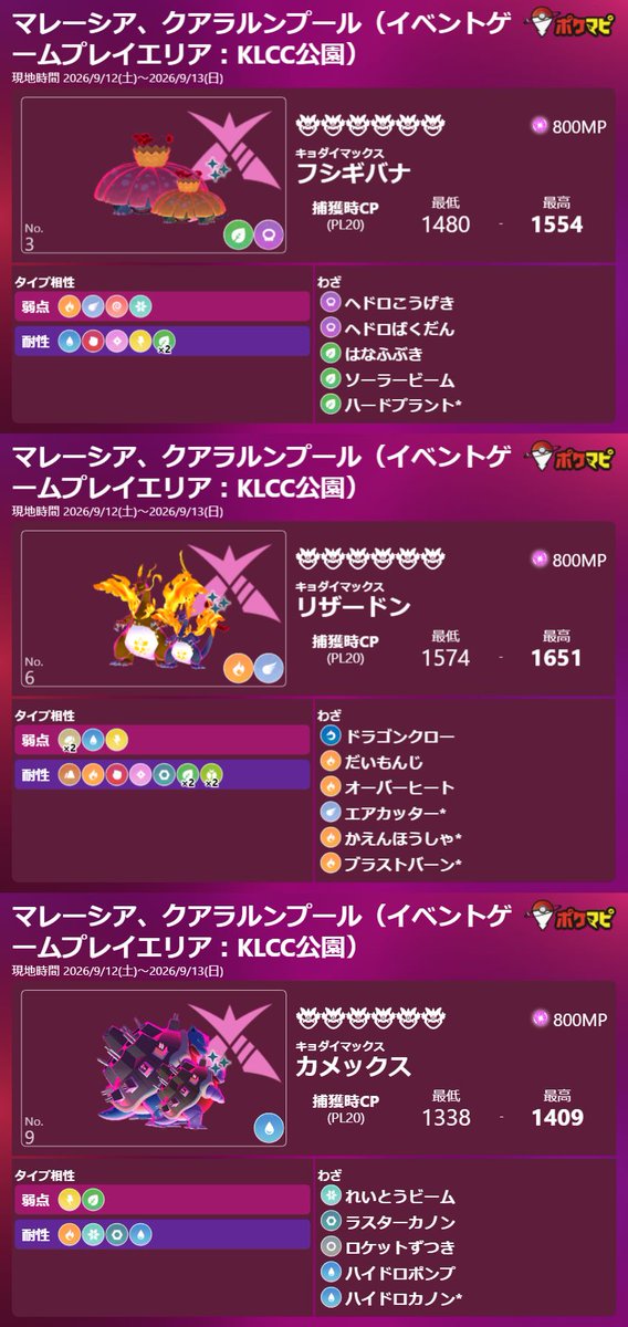 pokemapi's tweet photo. 「PokéXciting!」イベント「マレーシア、クアラルンプール」にて、

✅キョダイマックスフシギバナ
✅キョダイマックスリザードン
✅キョダイマックスカメックス

が登場中です。

🌐リモートレイドが可能です。
➡️招待、参加に、ポケマピの招待レイド掲示板をご活用ください。

💡「PokéXciting!」イベントはポケモン30周年の一環として、開催されているイベントです。
💡開催時間は、全地域共通で現地時間 10時～22時と発表されています。
💡このイベントでは初めて「PokéXciting!��カチュウ」（色が地域によって異なります）と出会えます。

▼https://t.co/aymsGMgsDr

#ポケモンGO