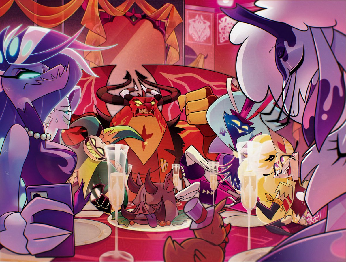 georgie_tenten's tweet photo. I'm allowed to post my contributions to @OneHelluvaZine !
Here's the two page spread I had the pleasure of creating ^^
I wanted to show the sins at family dinner lol
#helluvaboss

*This image has been glazed and nightshaded. https://t.co/82BZAEFBDI