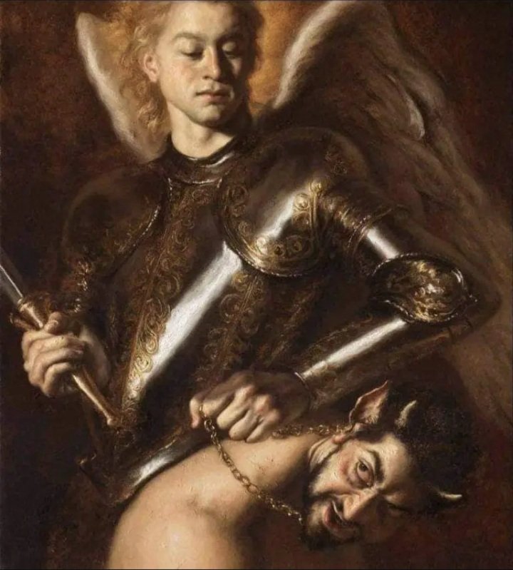 excocet17's tweet photo. 👀 
Cette œuvre du peintre italien Bruno Amadio surnommé Giovanni Bragolin, mort en 1981, est un mystère. Elle représente le diable vaincu par Saint Michel. 
Mais la ressemblance du diable avec le prince Mohamed Ben Zayed, président  des Emirats est frappante. https://t.co/u7dHWO2e8P