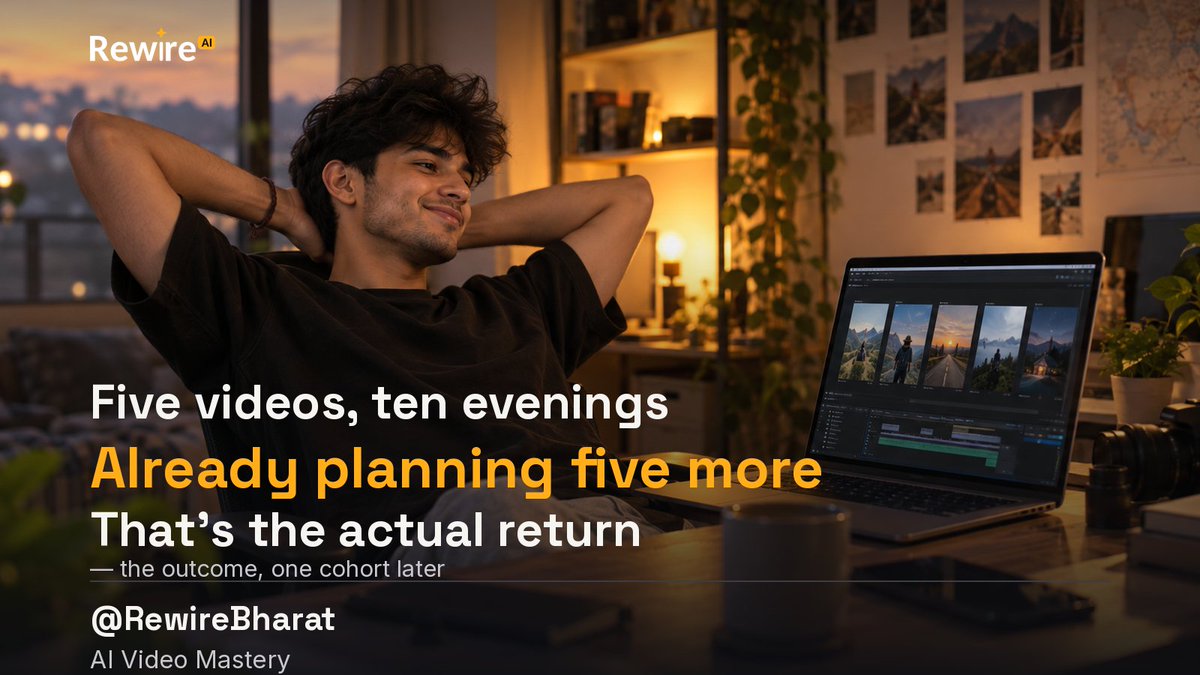 RewireBharat's tweet photo. Five finished videos, ten evenings, one cohort
He's already asked about the next batch
That's usually how we know it worked

#AIVideoMastery #StudentSuccess #BuildInPublic #ContentCreation #RewireBharat https://t.co/IEhzOYE38s