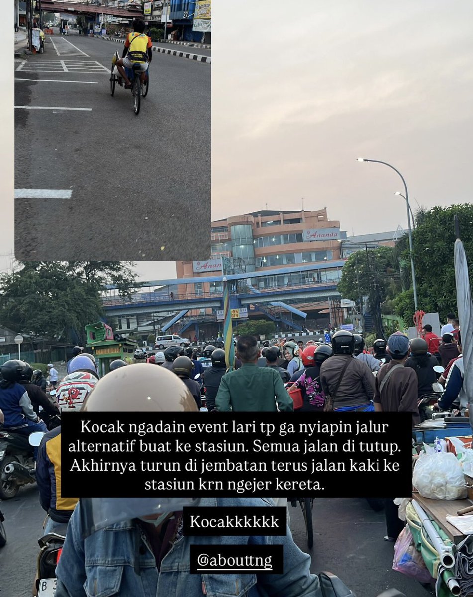 abouttng's tweet photo. Event lari Tangerang 10K 2026 diwarnai dengan sejumlah kejadian kepadatan lalu lintas, keributan hingga keluhan warga di rute yang ditutup karna pengendara merasa tidak adanya jalan alternatif pada Minggu (13/9/2026) pagi.

Terlihat sejumlah ruas jalan di sekitar lokasi dan rute kegiatan mengalami penutupan serta pengalihan arus lalu lintas.

Namun, penutupan sejumlah akses jalan menyebabkan kepadatan kendaraan. 

Sejumlah warga dan pengendara yang hendak melintas, termasuk menuju kawasan stasiun, mengaku kesulitan mencari jalur alternatif.

Keributan juga sempat terjadi di tengah event tersebut. Salah seorang pengendara mengaku terlibat ketegangan dengan petugas di tengah kepadatan lalu lintas. Ia menyebut spion kendaraannya diduga dipukul, meski saat itu dirinya mengaku tidak melakukan tindakan apa pun.

Meski petugas kepolisian dan sejumlah petugas lainnya terlihat berjaga serta melakukan pengaturan di beberapa titik, kepadatan kendaraan tetap terjadi di sejumlah ruas jalan.

Event yang akan datang diharapkan pengaturan lalu lintas dan penyediaan jalur alternatif dapat menjadi perhatian dalam pelaksanaan kegiatan berskala besar.

Pengendara juga diharapkan dapat mengikuti arahan petugas di lapangan.