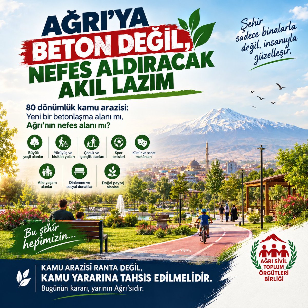MedetogluRaif's tweet photo. 🌿 AĞRI’YA BETON DEĞİL, NEFES LAZIM

Ağrı’nın merkezinde yaklaşık 80 dönümlük özel idareye ait yerin  boşalmasıyla birlikte söz konusu kamu arazisi çevreci bir şehrin oluşması için önemli bir fırsatdır.
Bu alanın büyük bir millet bahçesine dönüşmesi gerekir. https://t.co/QsFlcCLqr2