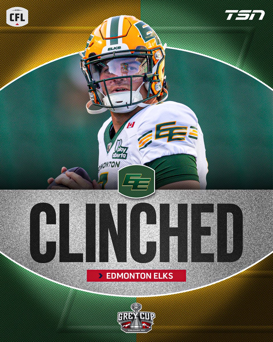 TSN_Sports's tweet photo. THE EDMONTON ELKS ARE PLAYOFF BOUND 🔥🟢

After a dominant win over the Calgary Stampeders for their 10th win of the season, the Elks secure a spot in the 2026 #CFL playoffs for the first time since 2019! https://t.co/4tyqBXpnj2