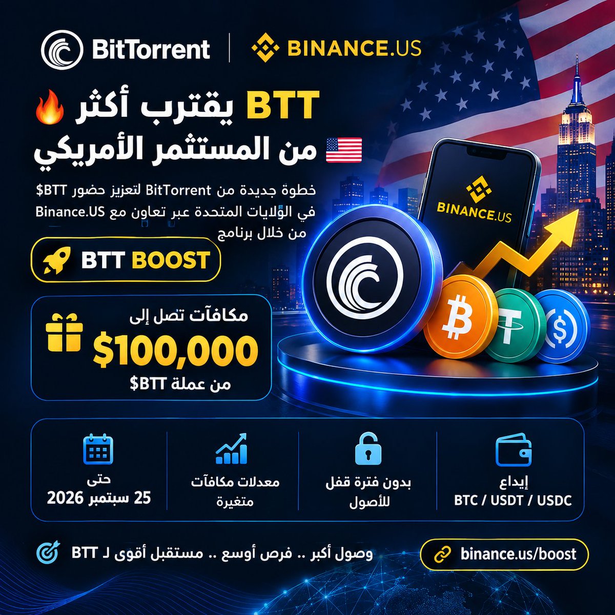 G8TQ6's tweet photo. 🔥 BTT يوسّع حدوده نحو مرحلة عالمية جديدة 

في سوق لا يكفي فيه أن تكون موجودًا، بدأت BitTorrent بخطوة عملية لتعزيز حضور $BTT داخل الولايات المتحدة، عبر تعاون جديد مع https://t.co/QMXPxSZZPx من خلال برنامج BTT BOOST 🚀

الفكرة بسيطة ومباشرة:

يمكن للمستخدمين إيداع BTC أو USDT أو USDC 💰، ثم المشاركة في مكافآت تصل قيمتها الإجمالية إلى 100,000 دولار من عملة $BTT 🎁

والأهم أن الأصول لا تحتاج إلى فترة قفل 🔓، ما يمنح المشاركين مرونة أكبر خلال فترة الحملة الممتدة حتى 25 سبتمبر 2026 📅، مع معدلات مكافآت متغيرة يتم تحديثها عبر المنصة 📈

لكن القصة لا تتوقف عند المكافآت 👀

هذه الخطوة تعكس توجهًا أوسع من BitTorrent لزيادة وصول $BTT إلى السوق الأمريكي 🇺🇸، وتحويل الحوافز من مجرد عرض ترويجي إلى وسيلة عملية لجذب مستخدمين جدد، وتعزيز حضور منظومة BitTorrent في واحدة من أكثر الأسواق تأثيرًا في قطاع العملات الرقمية 🌐

كلما اتسع الوصول، زادت فرص الاستخدام، ومع كل تعاون جديد تقترب BitTorrent خطوة إضافية من بناء حضور عالمي أكثر قوة 💪🌍

#TGF #TRON
#TRONGlobalFriends