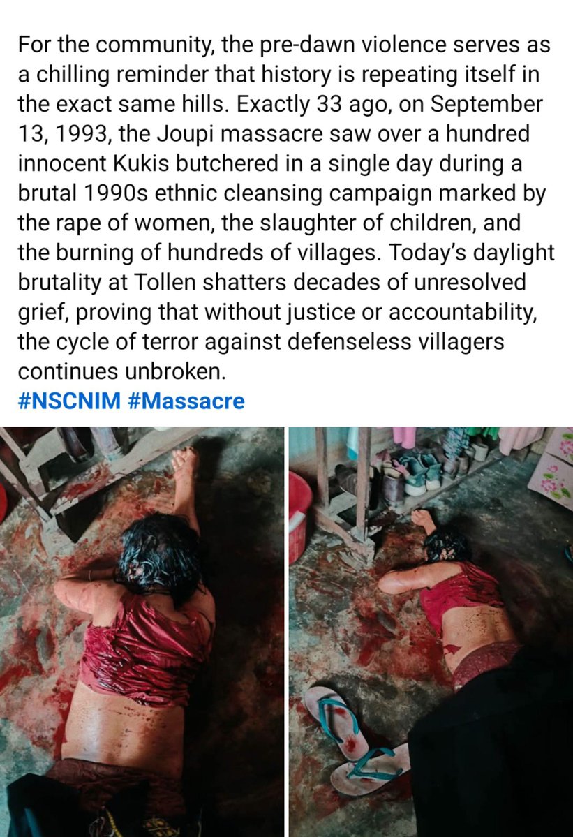 JangminTouthan1's tweet photo. As on 13th Sept '93, on which the barbaric NSCN-IM  perpertrated  ethnic cleansing on Kukis, butchered hundreds of innocent Villagers of Joupi, launched another  pre-dawn attack  on Tollen Kuki vill, Tamenglong this morng killing a mother @thecaravanindia @thewire_in https://t.co/cZomUXMdx8