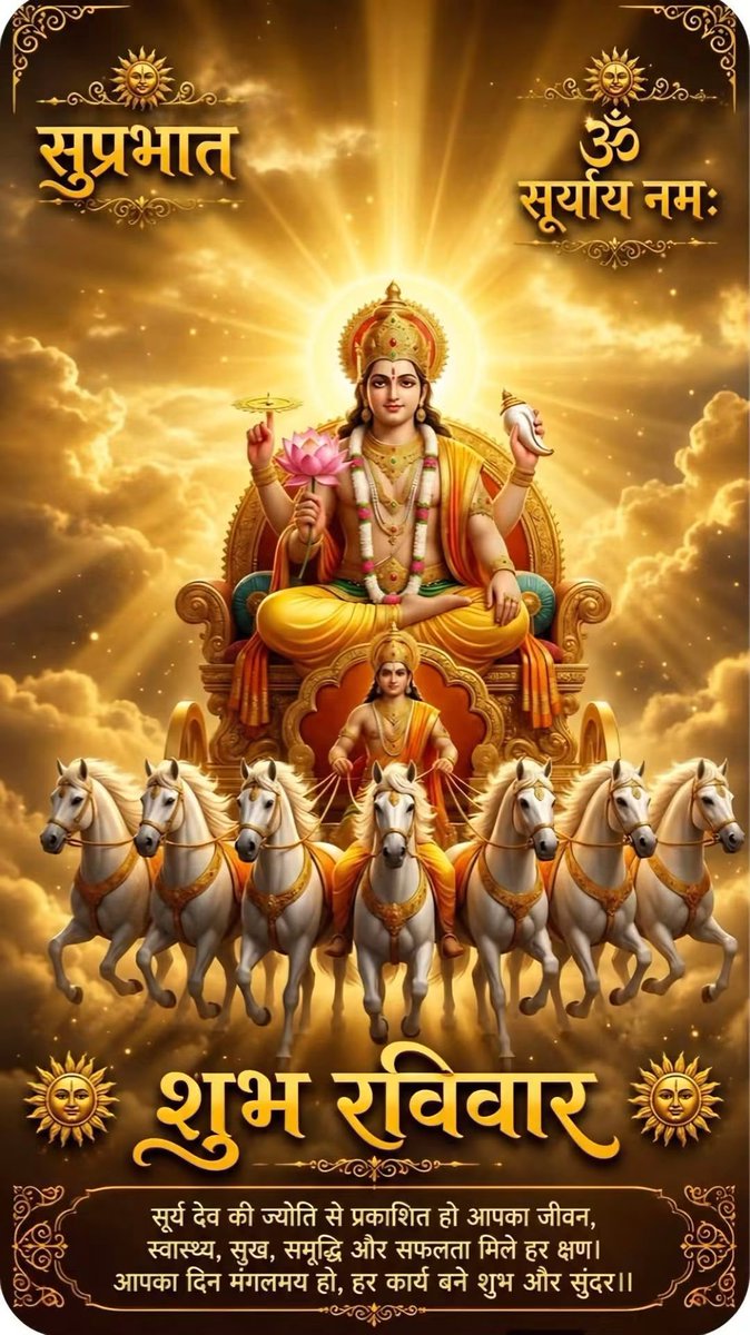Bhaveshlivelife's tweet photo. रविवार की पावन प्रभात भगवान सूर्य नारायण के दिव्य तेज को समर्पित। ☀️🙏

सप्त अश्वों के रथ पर विराजमान आदित्य देव हमें प्रतिदिन एक संदेश देते हैं, रुकना नहीं, थकना नहीं और अपने कर्मों के प्रकाश से आगे बढ़ते रहना। 🌅✨

ॐ भास्कराय विद्महे दिवाकराय धीमहि। तन्नः सूर्यः प्रचोदयात्। 🙏

सूर्यदेव तन को आरोग्य, मन को ऊर्जा और जीवन को तेजस्विता प्रदान करें। 🌺

ॐ घृणि सूर्याय नमः ☀️ जय सूर्य नारायण देव! 🙏