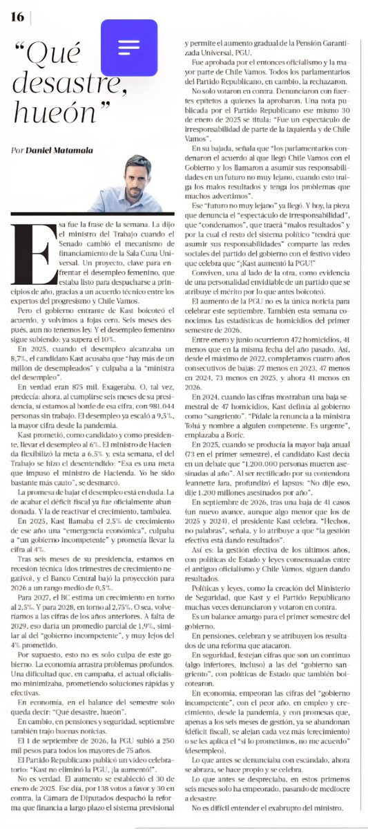 Divididos_Sumo's tweet photo. Daniel Matamala con su columna "Qué desastre hueón!" resume el fracaso de los 6 meses del Gobierno de José Kast, arrastraron a Chile al desempleo, recesión, aumento de costo de la vida, caida en la inversión y una Agenda de Seguridad Dictatorial.
El Gobierno de los incompetentes! https://t.co/vY7VhcZjri