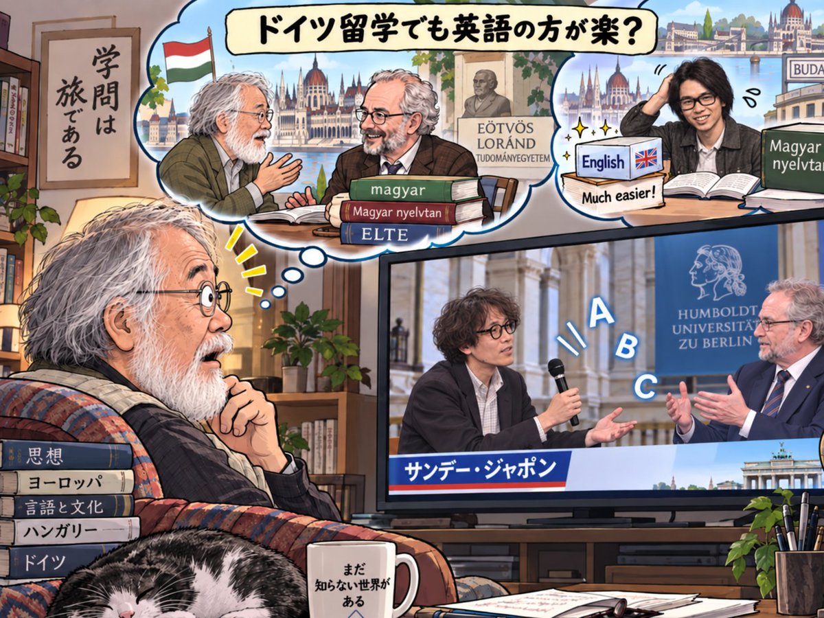 sitosi's tweet photo. 現在放送中の『サンデー・ジャポン』でドイツのベルリン自由大学 (MA) とフンボルト大学 (Ph.D.) で学位を取ったマルクス主義哲学者の斎藤幸平がドイツの学者に英語でインタビューしている😱！　ハンガリーで学位を取った僕がハンガリー人の学者にインタビューするなら普通にハンガリー語でするけど🤔？　ドイツに何年も留学して大学や大学院で勉強していても英語の方が楽なんだろうか🤔？
　
ハンガリーに東大の大学院から留学していた日本人の留学生がハンガリー語がだいぶ上達したので「（言語類型論的に日本語そっくりの）ハンガリー語と（日本語とは全く異質な）英語とどっちの方が楽？」と訊いたら「そりゃあ、英語の方が楽だよ」と答えられてビックリしたのを思い出した。
　
#サンジャポ #斎藤幸平 #ドイツ語 #ハンガリー語 #英語 #ドイツ #ハンガリー #語学 #留学 #東大 #マルクス主義 #哲学
