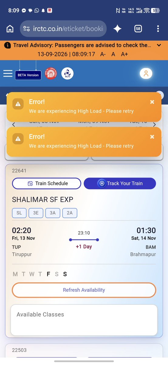 PrajwalPanigra2's tweet photo. @IRCTCofficial @RailMinIndia @AmitShah @AshwiniVaishnaw @narendramodi time to show our application performance!

Booking for 13 Nov, exactly 60 days in advance, yet it feels like Tatkal! Slow response, heavy load & poor server management.

If predictable peak traffic can’t be handled, where is our Digital India journey heading? 🇮🇳

#IRCTC #IndianRailways #DigitalIndia #ServerDown #Railways