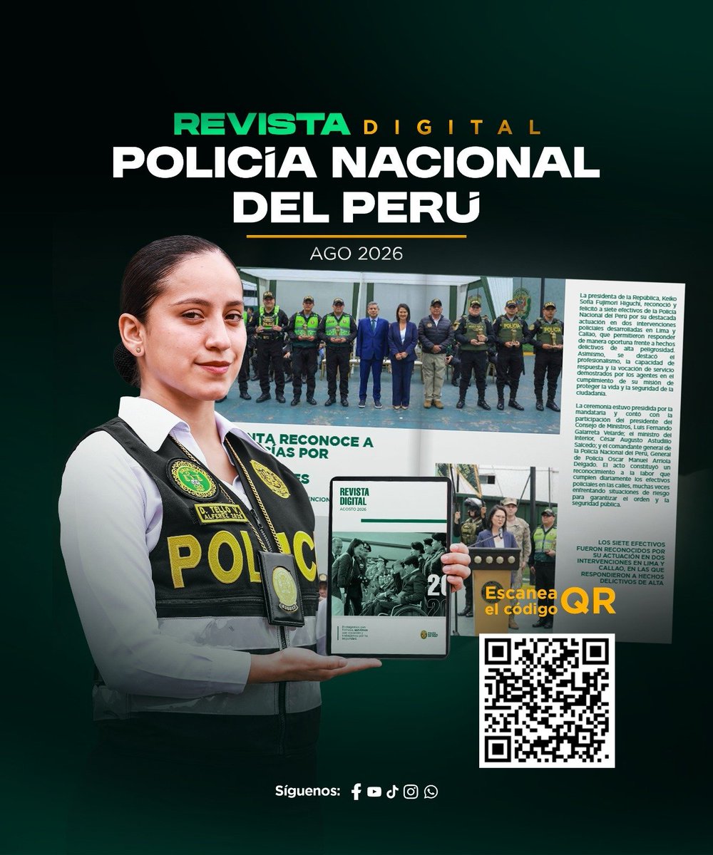 Policia_Peruana's tweet photo. 📖🇵🇪 #PNPInforma | 𝐘𝐀 𝐄𝐒𝐓Á 𝐃𝐈𝐒𝐏𝐎𝐍𝐈𝐁𝐋𝐄 𝐋𝐀 𝐑𝐄𝐕𝐈𝐒𝐓𝐀 𝐃𝐈𝐆𝐈𝐓𝐀𝐋 𝐃𝐄 𝐋𝐀 𝐏𝐎𝐋𝐈𝐂Í𝐀 𝐍𝐀𝐂𝐈𝐎𝐍𝐀𝐋 𝐃𝐄𝐋 𝐏𝐄𝐑Ú – 𝐀𝐆𝐎𝐒𝐓𝐎 𝟐𝟎𝟐𝟔
La Policía Nacional del Perú presenta una nueva edición de su revista digital, un espacio informativo que reúne las principales acciones operativas, logros institucionales, actividades destacadas y el trabajo permanente de nuestros policías en beneficio de la seguridad y tranquilidad de todos los peruanos.
En esta edición podrás conocer de cerca la entrega, el profesionalismo y la vocación de servicio de los hombres y mujeres que integran nuestra institución, quienes trabajan diariamente en las diferentes regiones del país para proteger a la ciudadanía y preservar el orden.
📲 Accede de manera gratuita ingresando al enlace o escaneando el código QR: https://t.co/gq2Q5Wku8L
🇵🇪 Una institución al servicio del país, que continúa escribiendo historias de valor, sacrificio y esperanza.
🚔 ¡𝐓𝐔 𝐒𝐄𝐆𝐔𝐑𝐈𝐃𝐀𝐃 𝐄𝐒 𝐍𝐔𝐄𝐒𝐓𝐑𝐀 𝐏𝐑𝐈𝐎𝐑𝐈𝐃𝐀𝐃! 🇵🇪
#RevistaDigitalPNP #PolicíaNacionalDelPerú #PolicíasEnAcción #OrgulloPNP #VocaciónDeServicio #Agosto2026