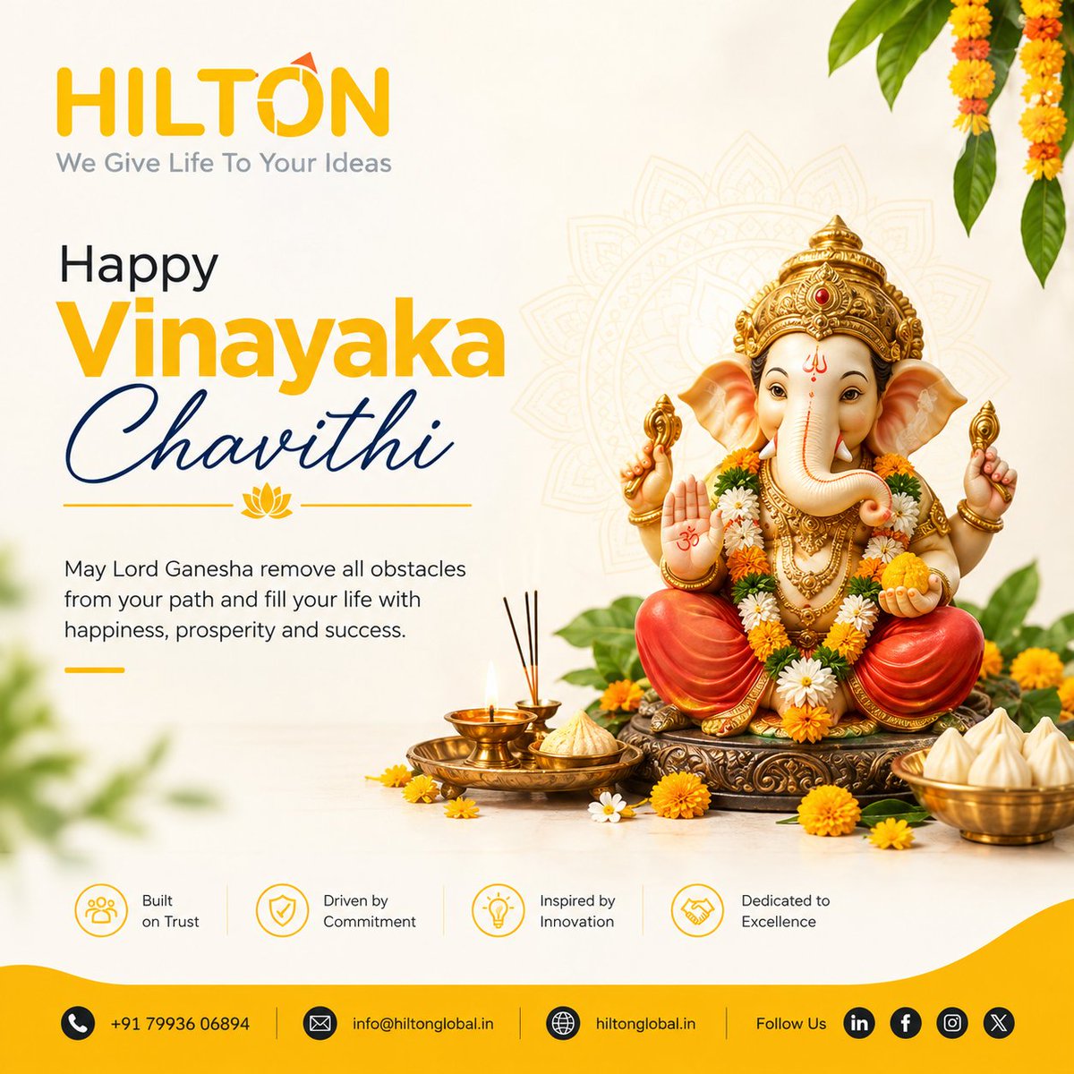 Hilton_global's tweet photo. Celebrating the divine blessings of Lord Ganesha!✨
May this Vinayaka Chavithi bring happiness, prosperity, and success to all. 🙏💛
Happy Vinayaka Chavithi!
#HappyVinayakaChavithi #VinayakaChavithi #GaneshChaturthi #FestiveGreetings #HiltonSoftwareTechnologies https://t.co/cmtgwxzsyE
