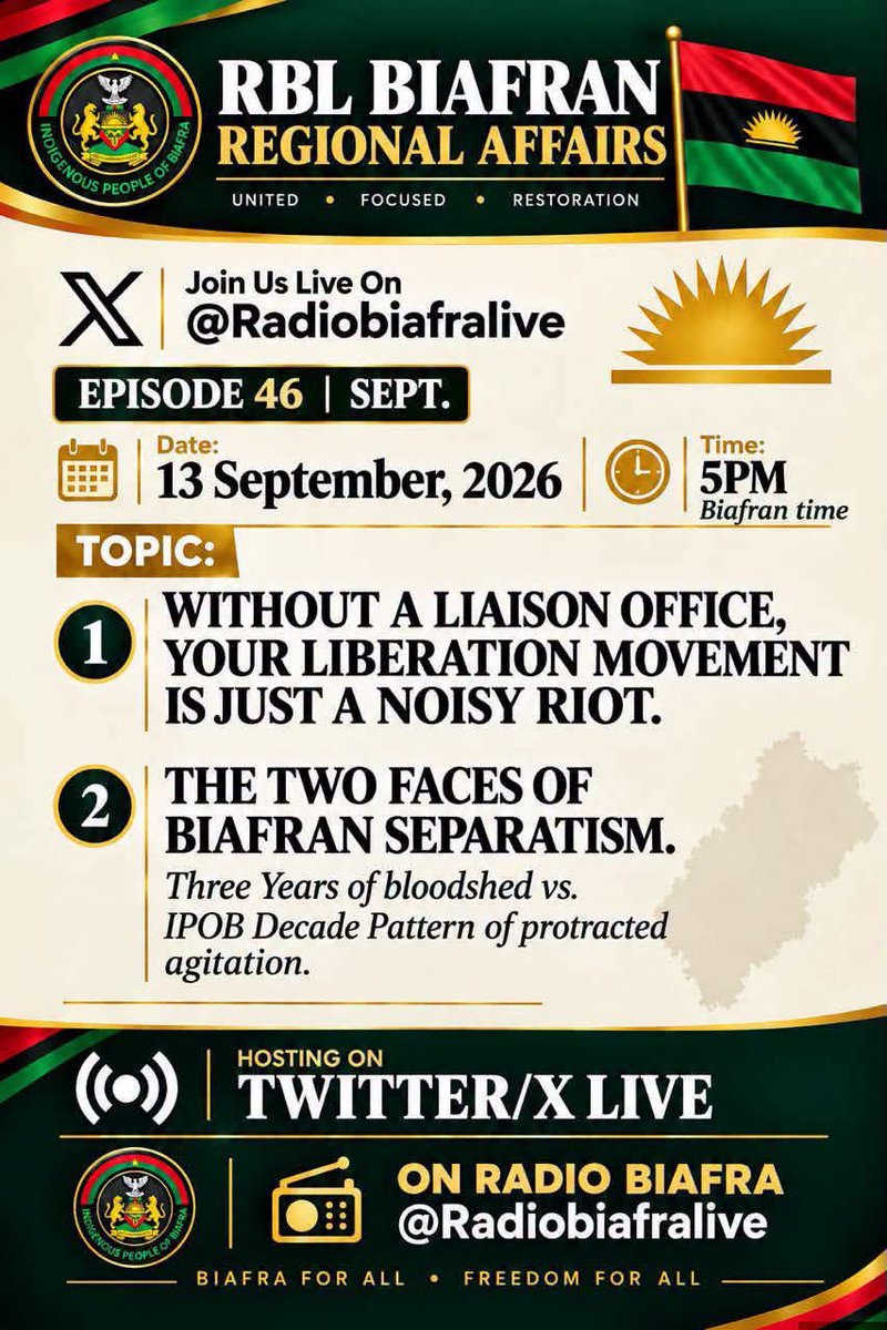 Navi_Mumbai_'s tweet photo. Just in !

Join this exclusive discussion on Biafra Regional Affairs on X platform. 

Topic -
1.  Without a Liaison Office, Your Liberation Movement is Just a Noisy Riot.
2 . The Two Faces of Biafran Separatism; Years of bl00dshed vs. IPOB Decade Pattern of protracted agitation. https://t.co/SkuCSjp9hN