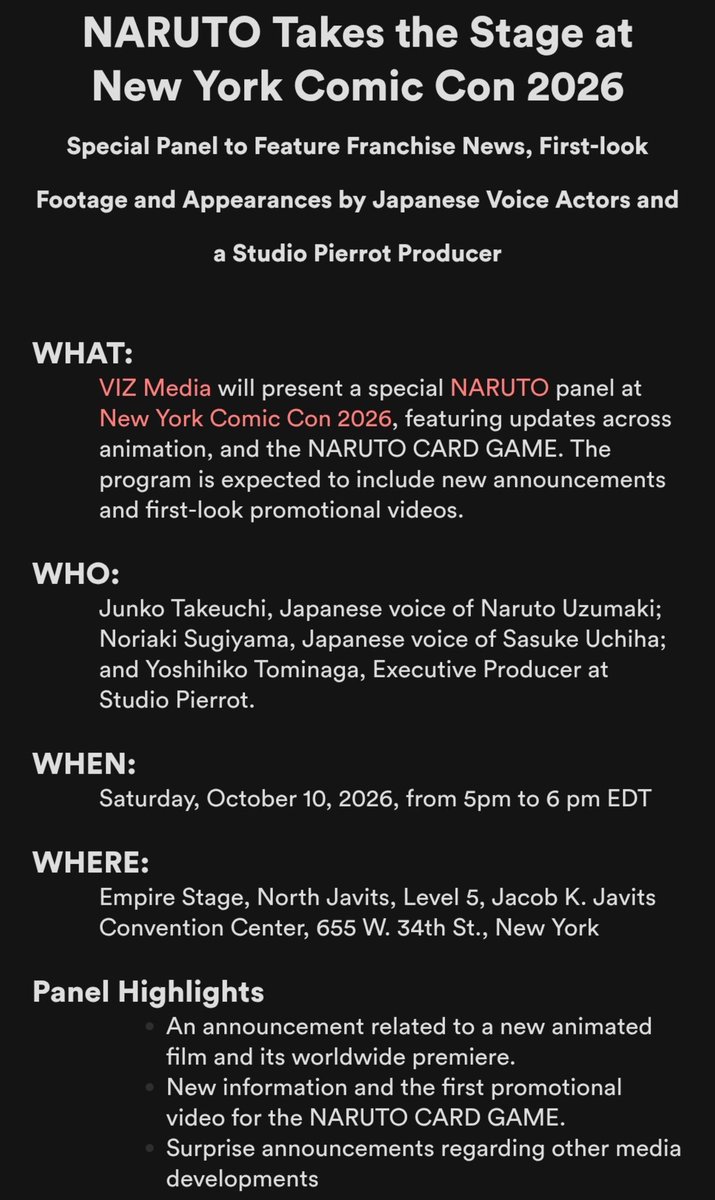 AnimeNovakai's tweet photo. 🚨 OFFICIAL: NARUTO AT NEW YORK COMIC CON 2026! 🍥🔥

VIZ Media will host a special NARUTO panel featuring franchise updates, first-look footage and appearances from Naruto & Sasuke’s Japanese voice actors and a Studio Pierrot producer.

📅 October 10, 2026
⏰ 5 PM EDT

🎬 New animated film announcement
🌍 Worldwide premiere details
🃏 Naruto Card Game updates
🔥 More surprise announcements

🇮🇳 India — 2:30 AM, October 11
🇯🇵 Japan — 6:00 AM, October 11
🇬🇧 UK — 10:00 PM, October 10

NARUTO IS BACK ON THE BIG STAGE. 🍥🔥