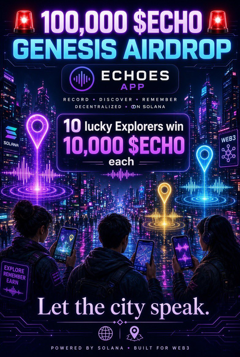 theechoes_app's tweet photo. 🚨 100,000 $ECHO GENESIS AIRDROP 🚨

We are celebrating the #Echoes App launch with a massive 100,000 $ECHO prize pool!
10 lucky Explorers will win 10,000 $ECHO each.

How to qualify:
1️⃣ Repost this & follow us.
2️⃣ Download the app and drop an audio memory (Echo) on the real-world map.
3️⃣ Reply with a screenshot of your AR drop + your Solana wallet address!

Let the city speak. 🌍📍

https://t.co/lEIDlqgZhQ

#Solana #DePIN #SocialFi #Web3 #Airdrop