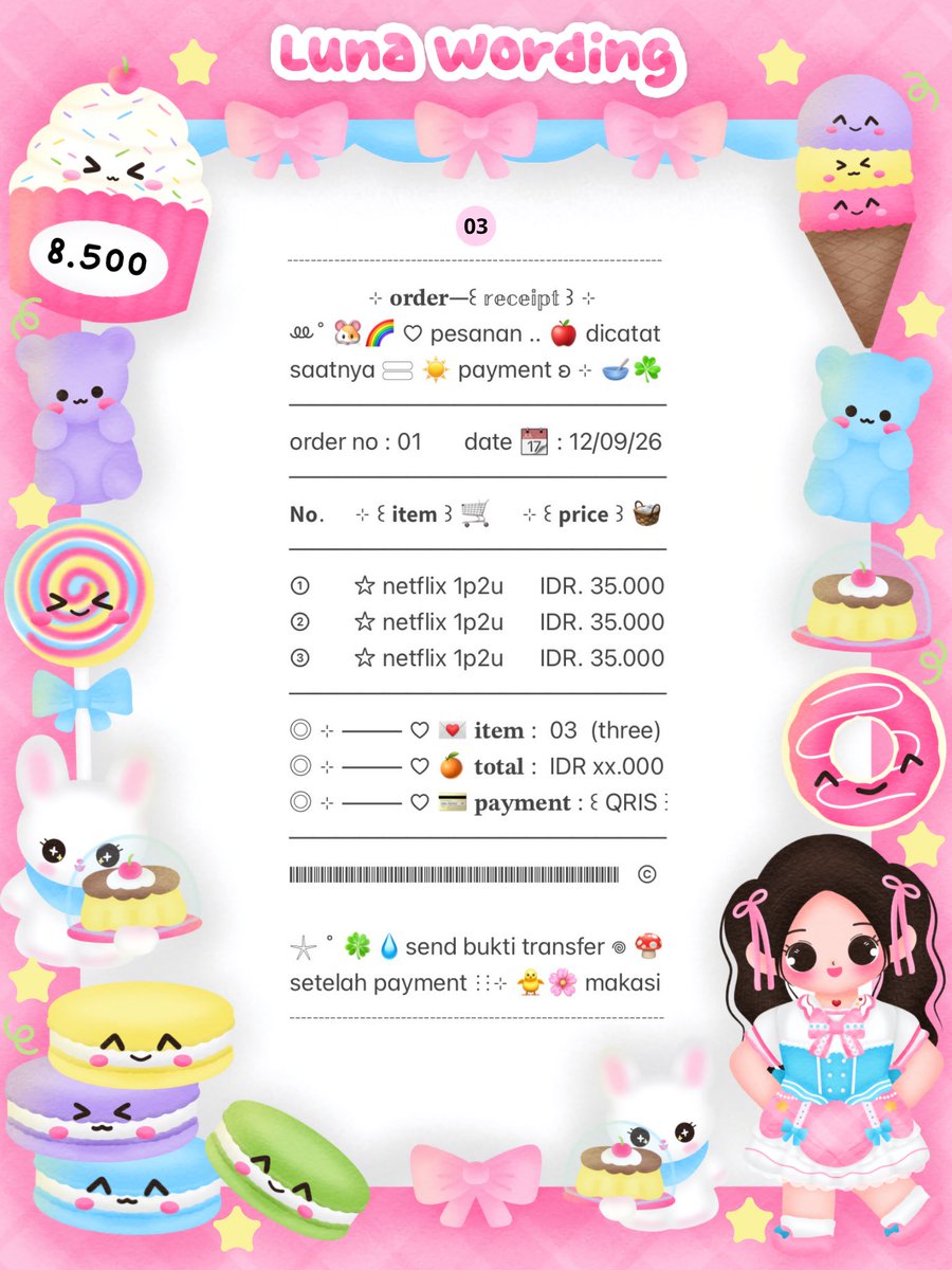 sereenitte's tweet photo. ⟡ help rt? thank you ˚👛🌱 

𓈄᳸ 🐰🎀 ⟡ ꒰ 𝗻𝗼𝗺 𝗻𝗼𝗺 ! .. 🥣 ♡⃝ ⊹ hello cutie! luna brings 🍭☀️ യ ready stock ☘️ 𖦹 payment receipt wording 𓈃 🌸 IDR ꒰ 8.500 ꒱ only ⭐️ peek ALT 💭 for detail 🍰 ♡ grab yours

note : take by dm, sung sebut nomer 

♡ ⊹ ꒰ #bealanja ꒱ https://t.co/MfQe4ypJ0u