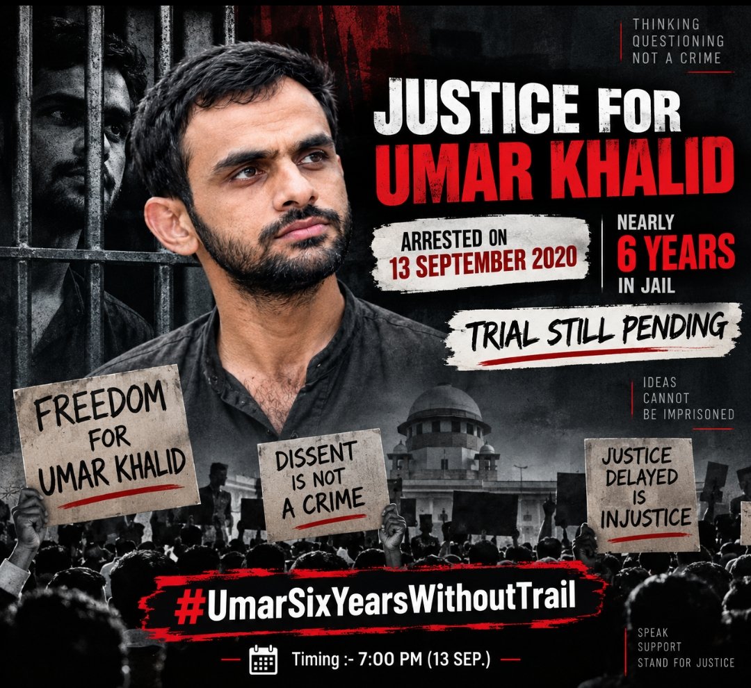 mahisayss__'s tweet photo. 🚨 TREND ALERT 🚨

⏰ Timing: - 7:00 PM ( 13 September )
Umar Khalid was arrested on September 13, 2020. It has been almost six years, yet his trial has still not been completed.

Raise your voice against the delay in justice.

🤝 Keep supporting and help make this hashtag a top trend.

📢 Raise your voice for justice.