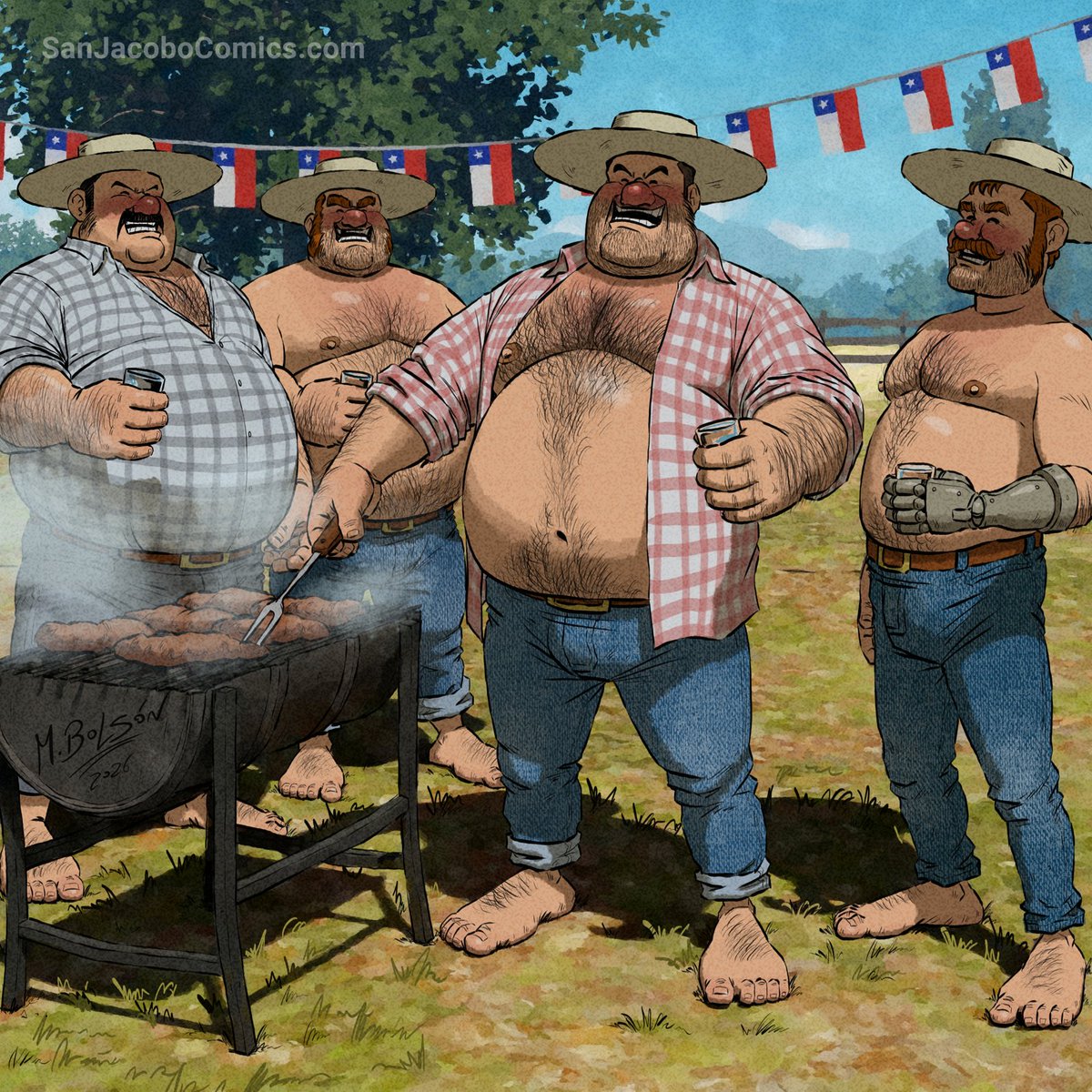 SanJacoboComics's tweet photo. It is the month of national holidays in San Jacobo, and José the *huaso* celebrates with his friends in the countryside.

Mes de fiestas patrias en San Jacobo, y el huaso José celebra con sus amigos en el campo. https://t.co/A5YH5F1Jt7