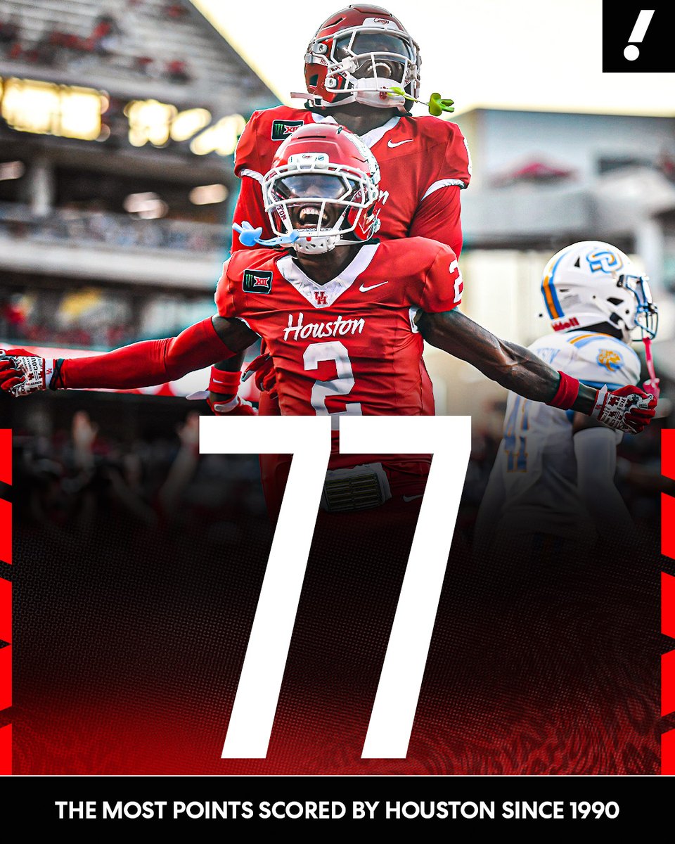YahooSports's tweet photo. No. 22 Houston put up its highest point total in 36 YEARS in its 77-6 win vs. Southern 🔥

The Cougars last scored 70+ when David Klingler set the NCAA record with 11 TDs in a game 🏈 https://t.co/0ysTOG7BzK